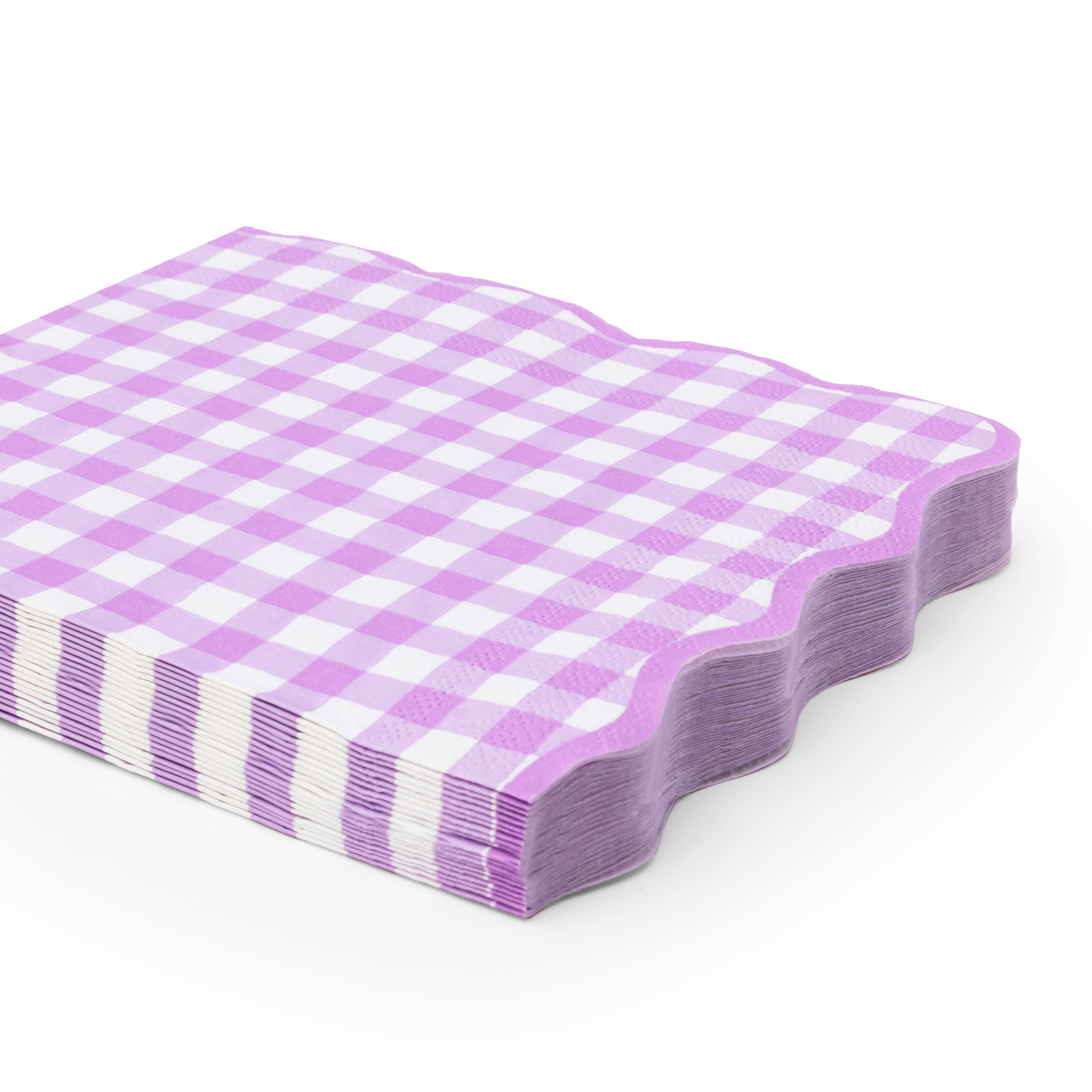 Stack of lilac gingham napkins with purple check pattern