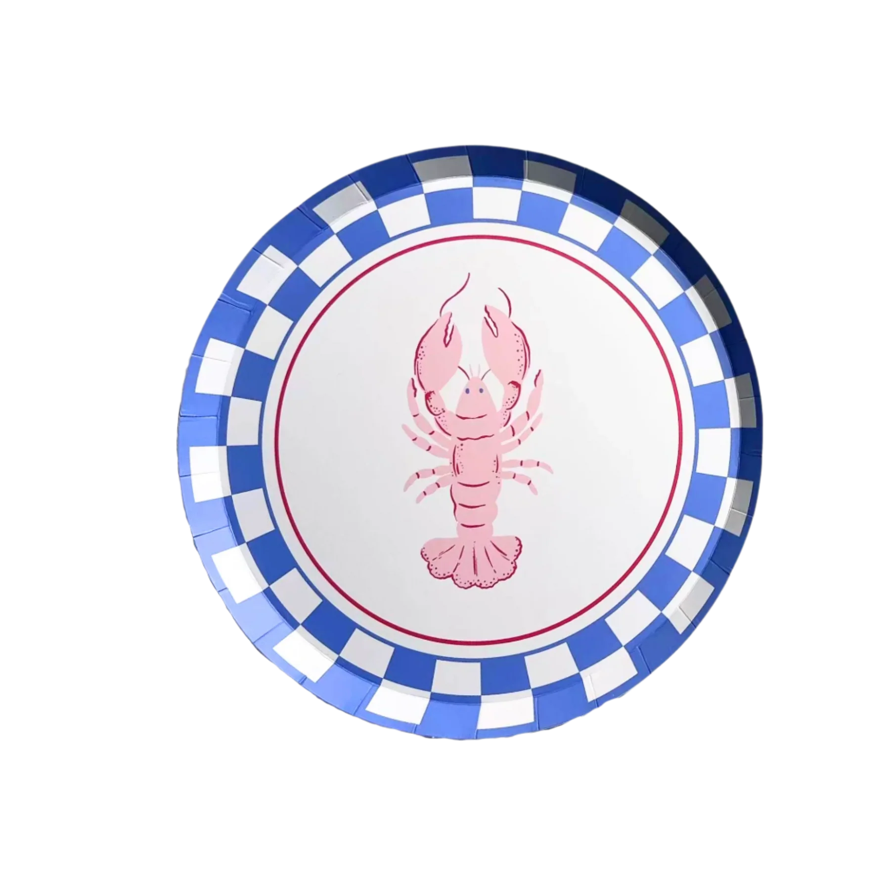 Single round paper plate with pink lobster illustration and blue white checkered border on white background
