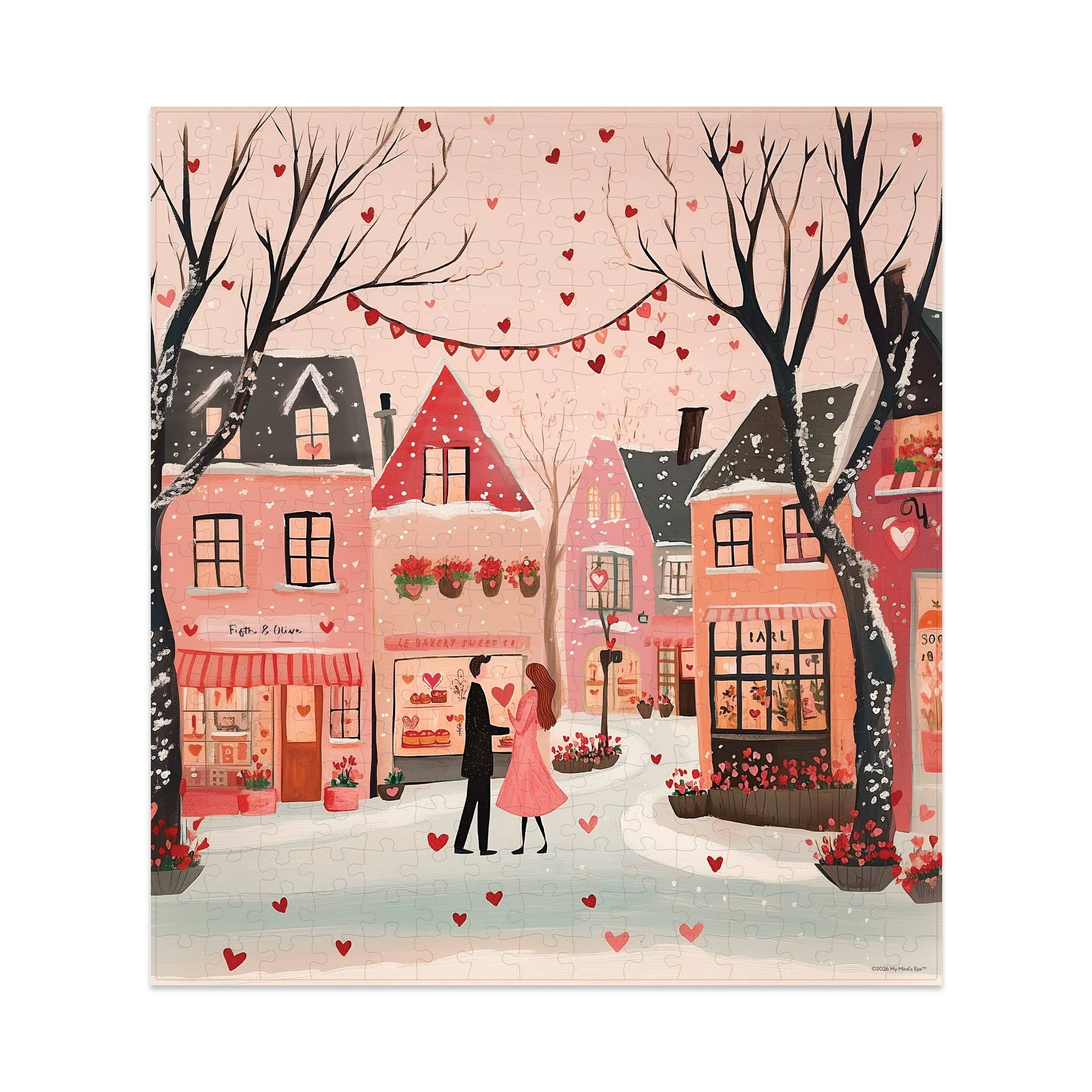 Love Found Here puzzle artwork showing a romantic village scene with hearts and shops