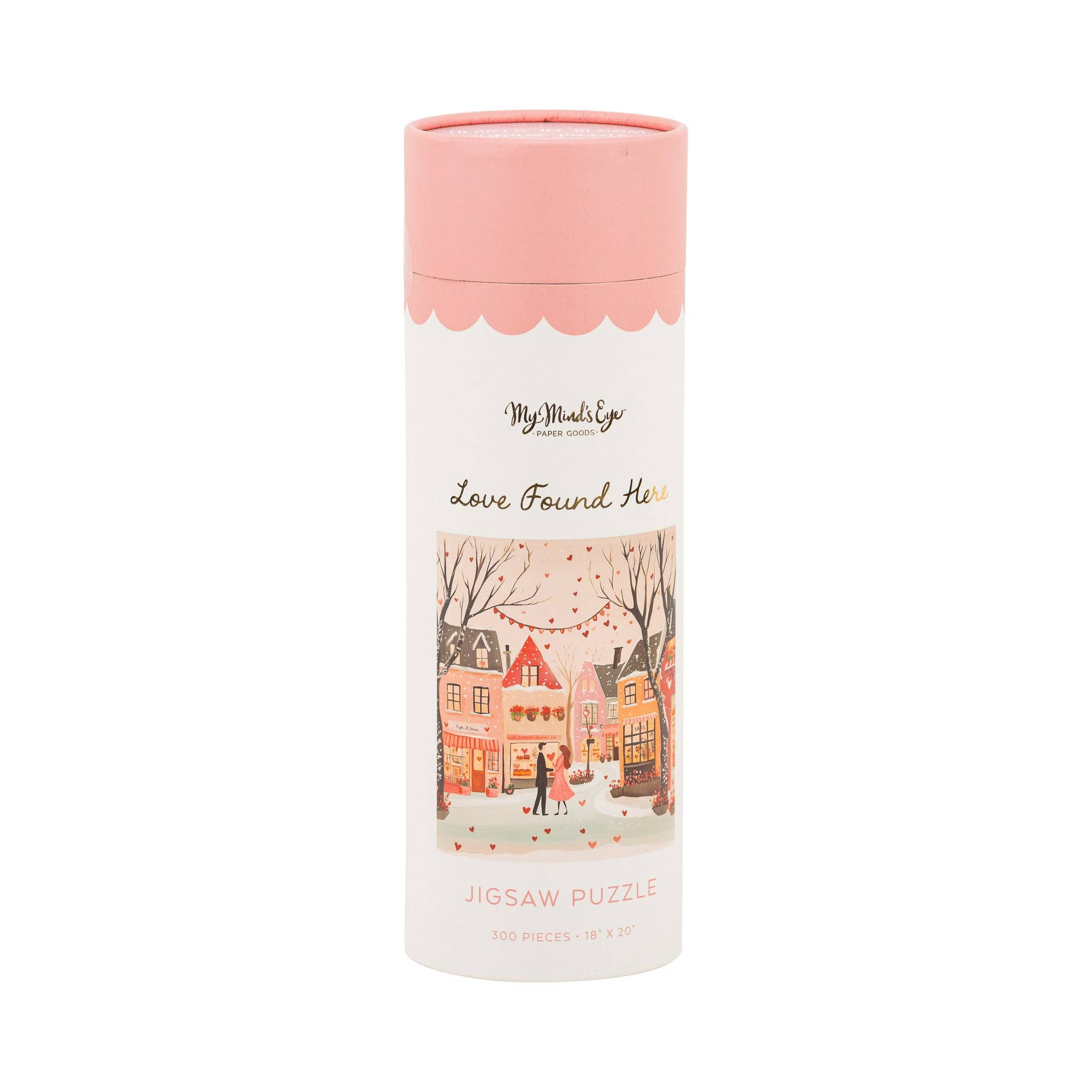 Love Found Here puzzle packaged in a decorative cylindrical tube