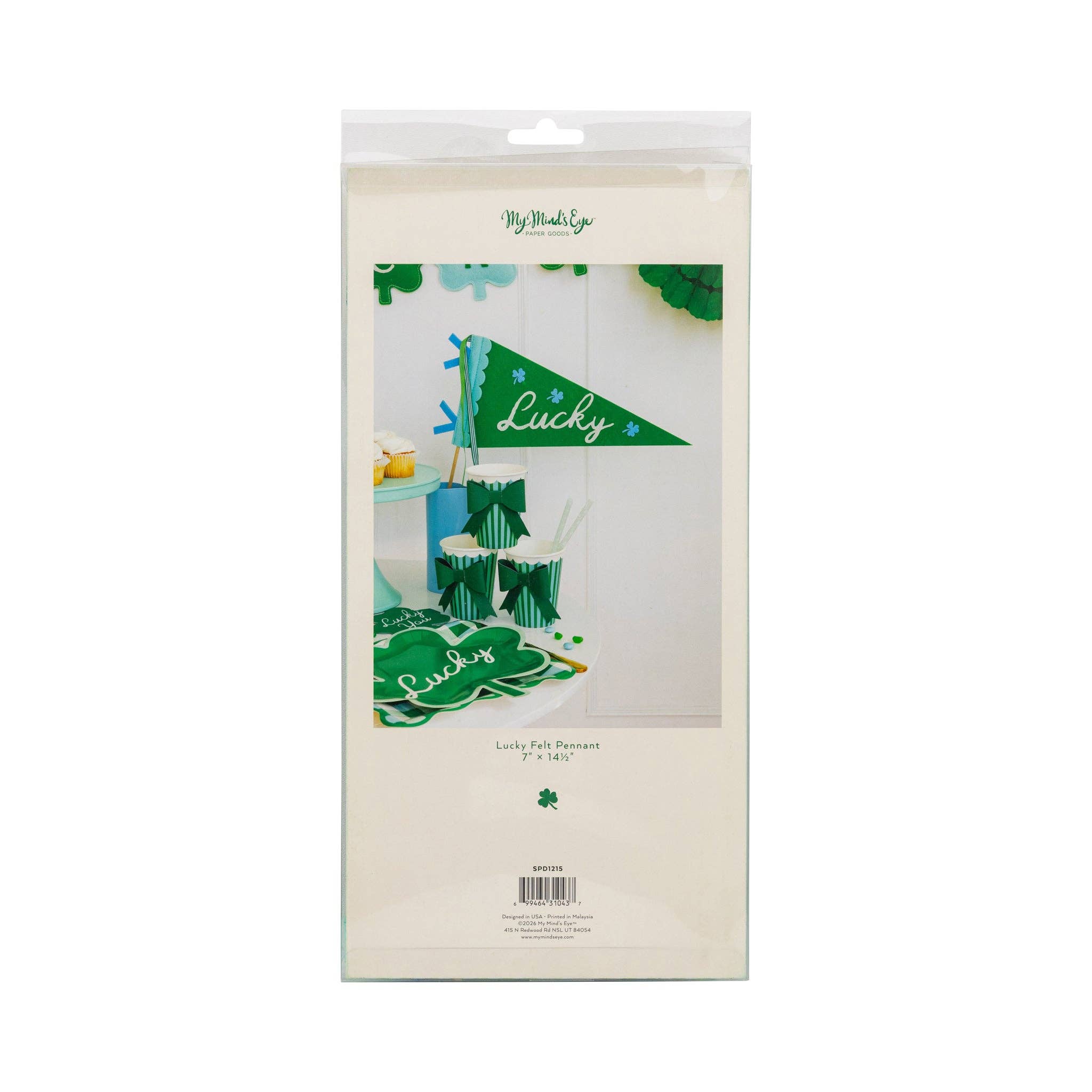 Back of Lucky felt pennant packaging showing size details and styling inspiration