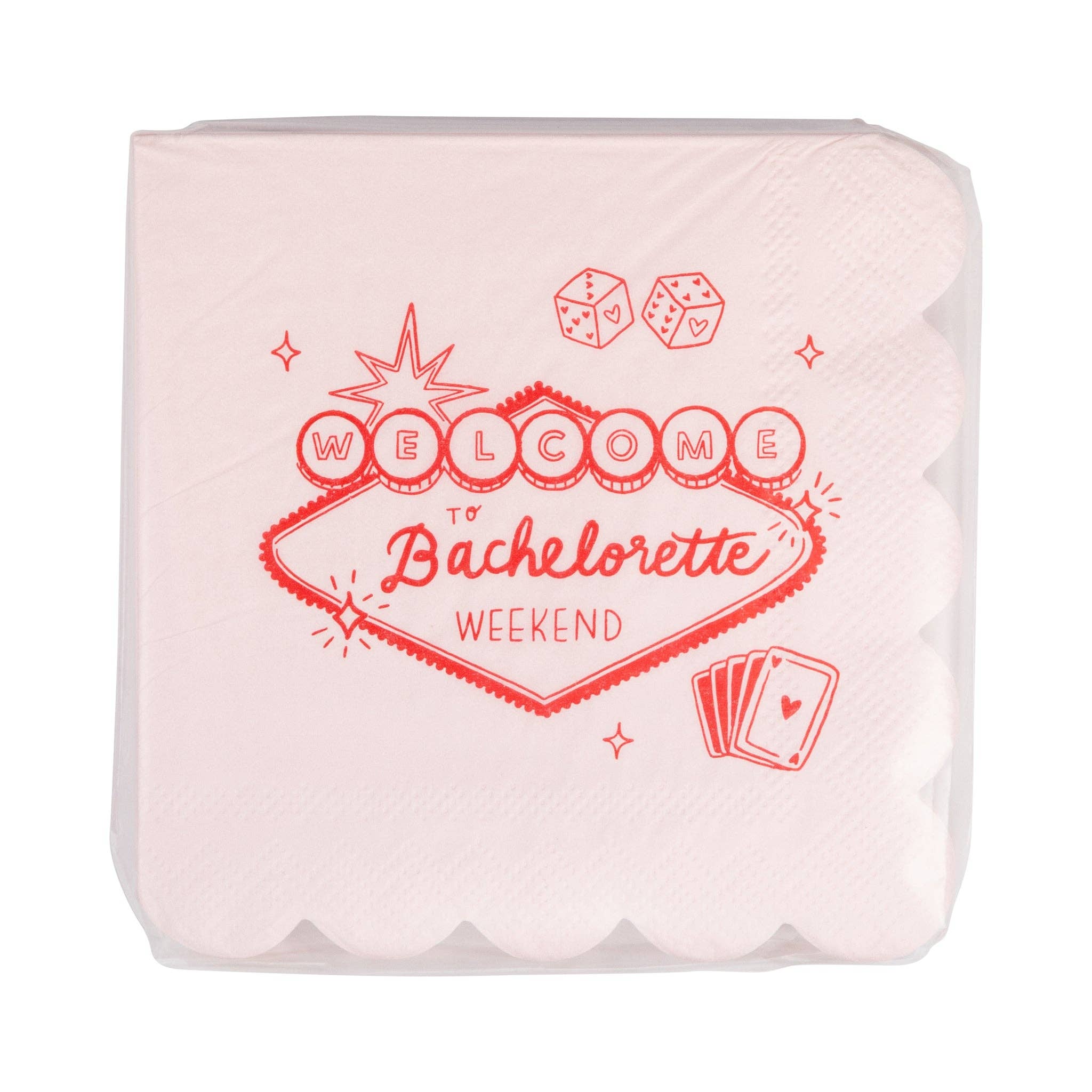 Front packaging of the Lucky in Love napkins featuring a red Vegas sign and dice.