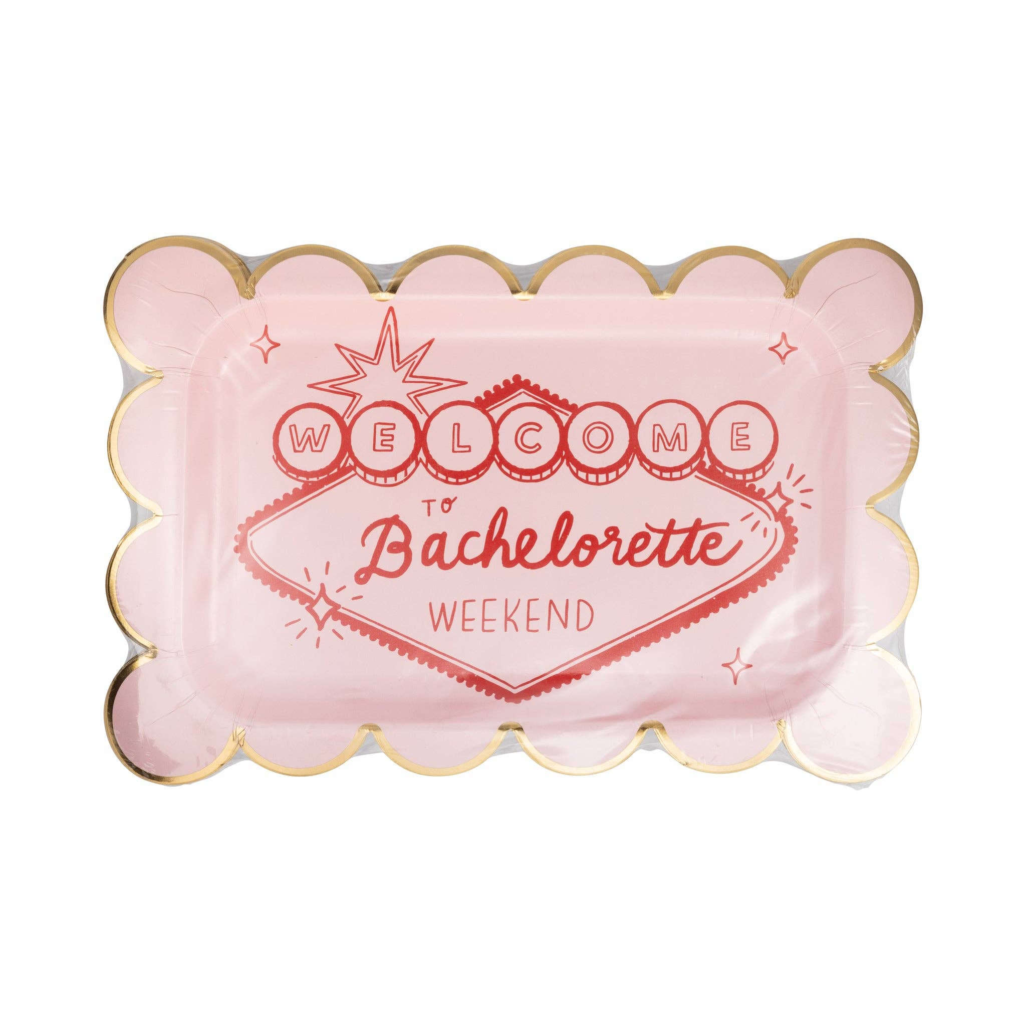 pack of pink and red scalloped paper plates for a Vegas bachelorette decor theme.