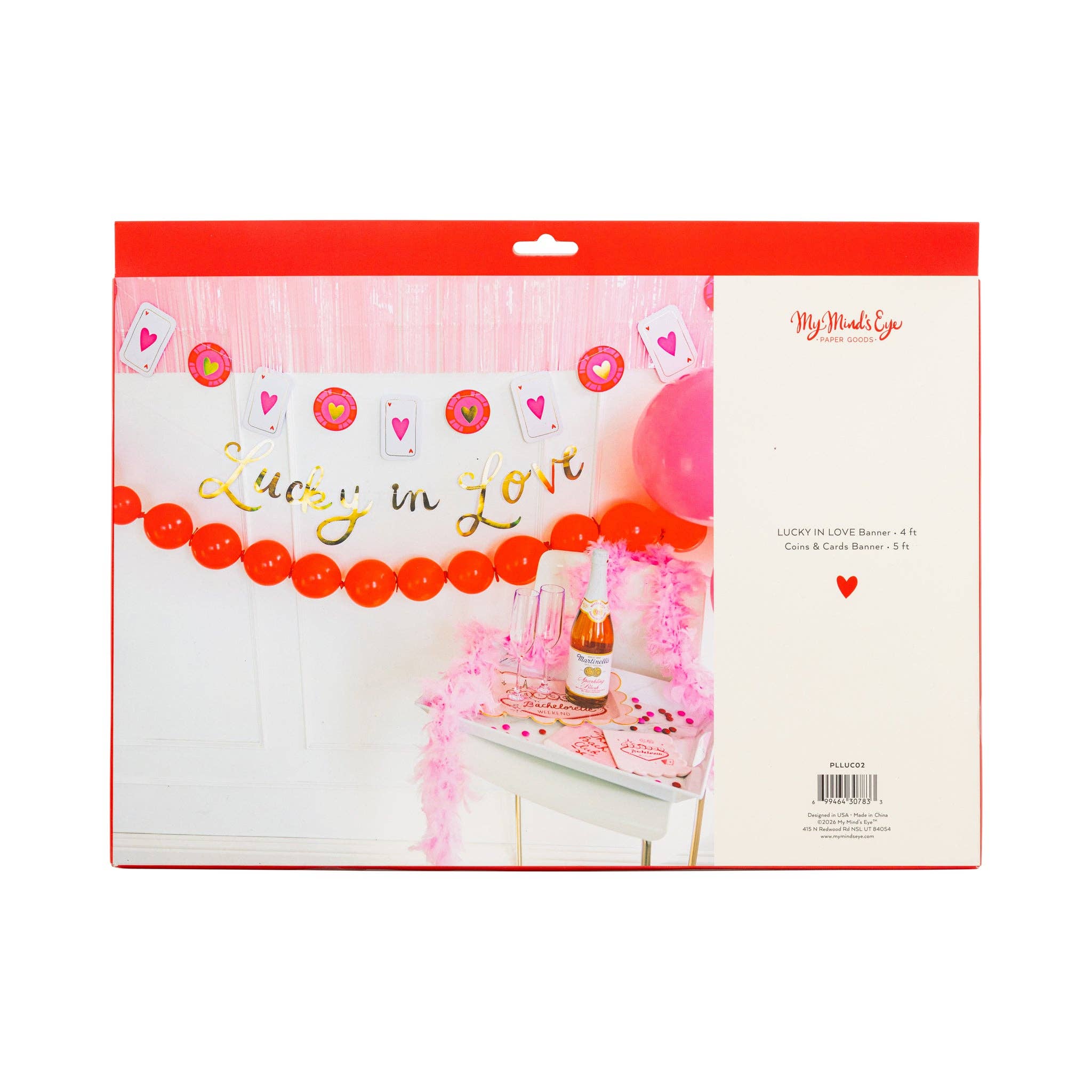 Packaging for a Vegas Bachelorette Decor banner set featuring gold foil lettering and heart playing cards.