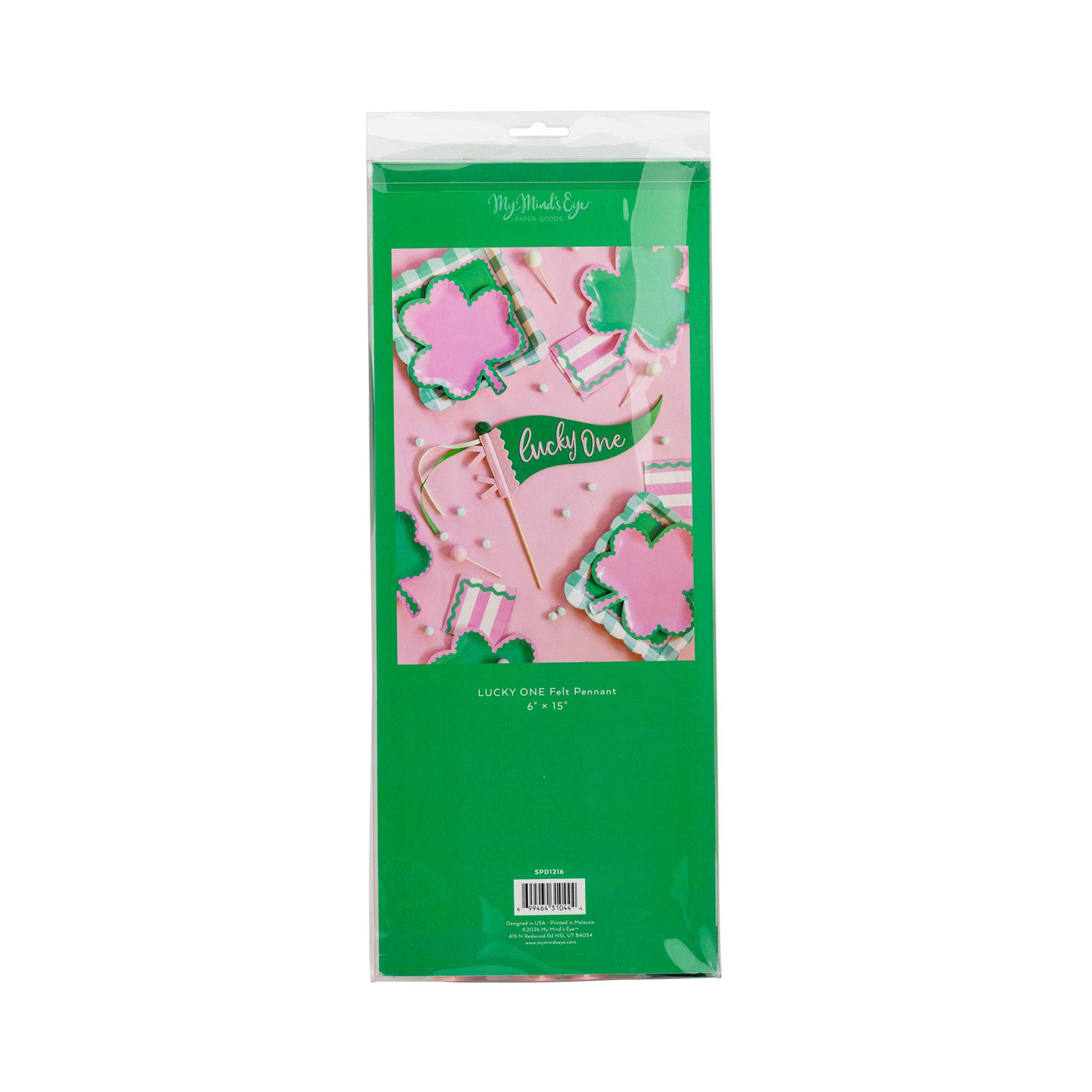 Back of Lucky One felt pennant packaging showing product details and dimensions