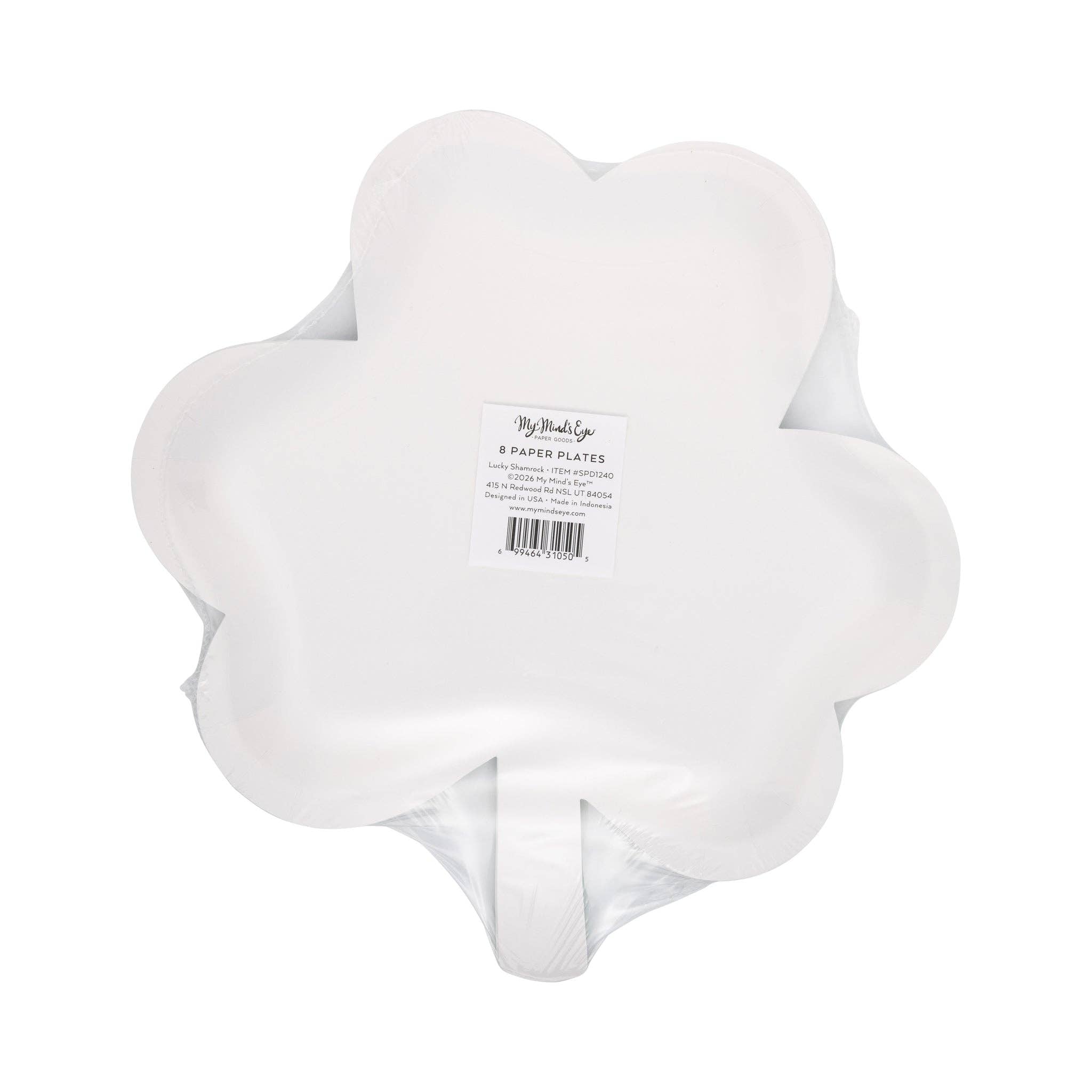 Back view of lucky shamrock shaped disposable plate in packaging