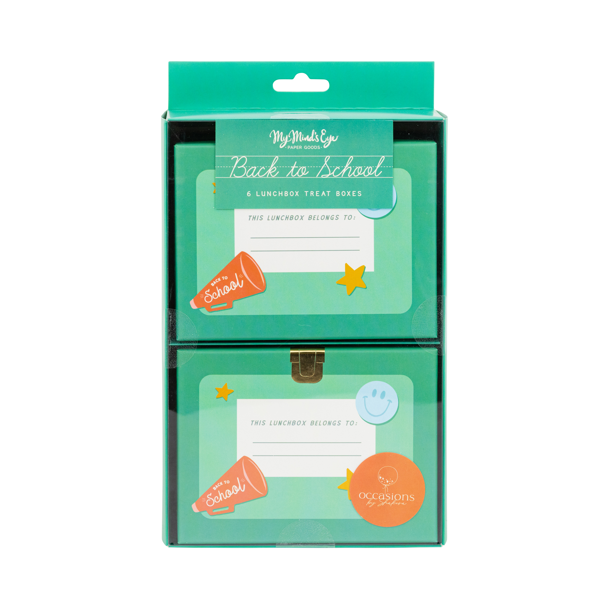 Front of lunchbox shaped treat box packaging in clear box with green "Back to School" label showing two treat boxes