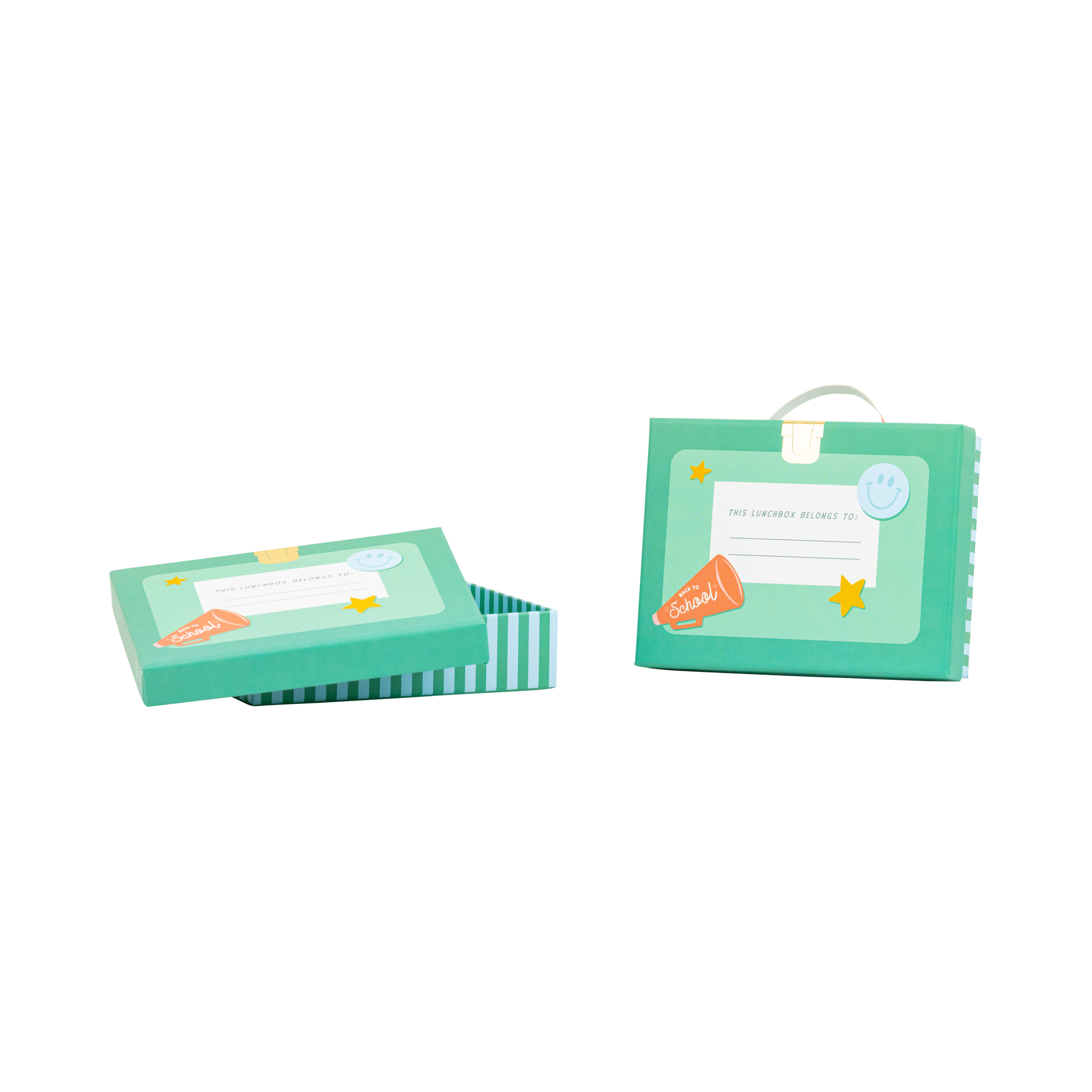 Two teal lunchbox shaped treat boxes shown on white background — one open with lid removed, one closed with ribbon handle