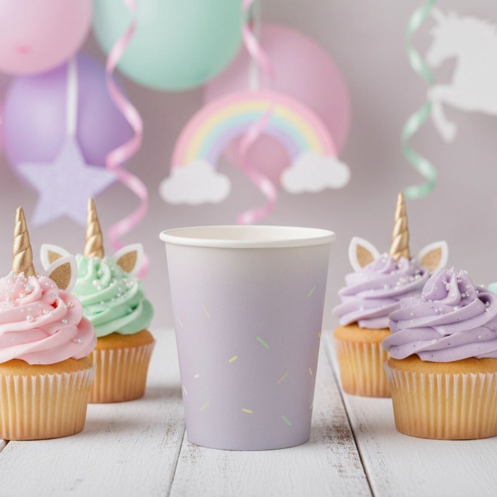 Unicorn cup styled on a white table with rainbow cupcakes and balloons