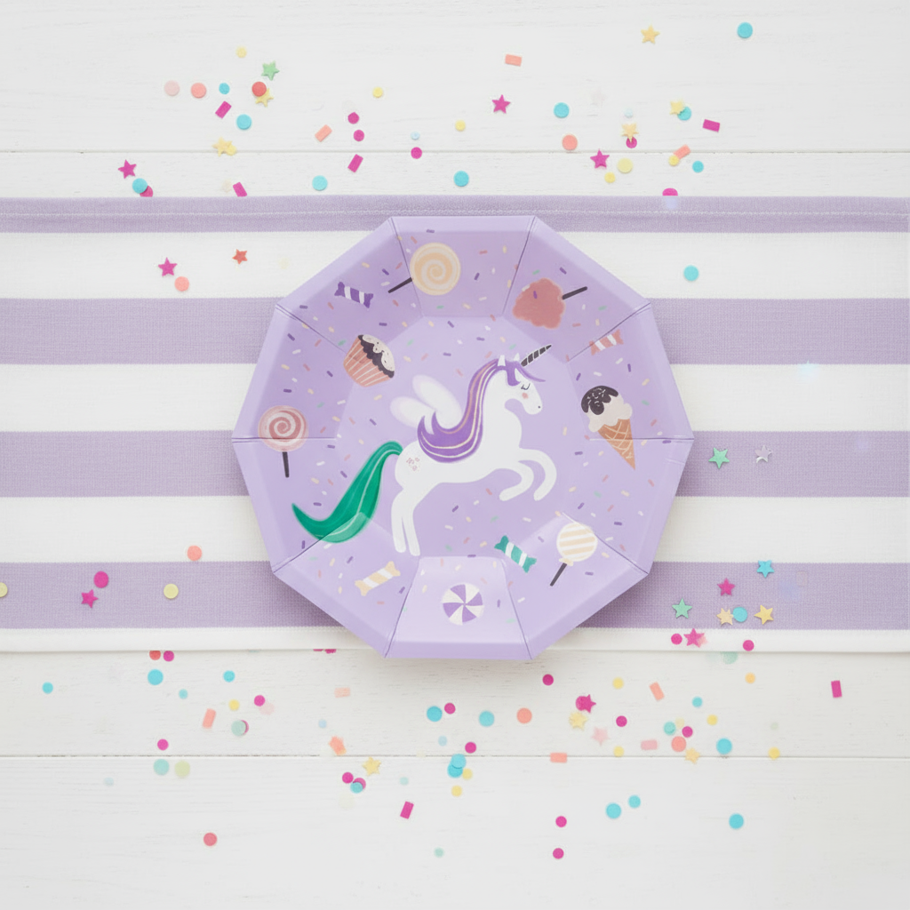 Unicorn dessert plate centered on a purple striped table runner with confetti