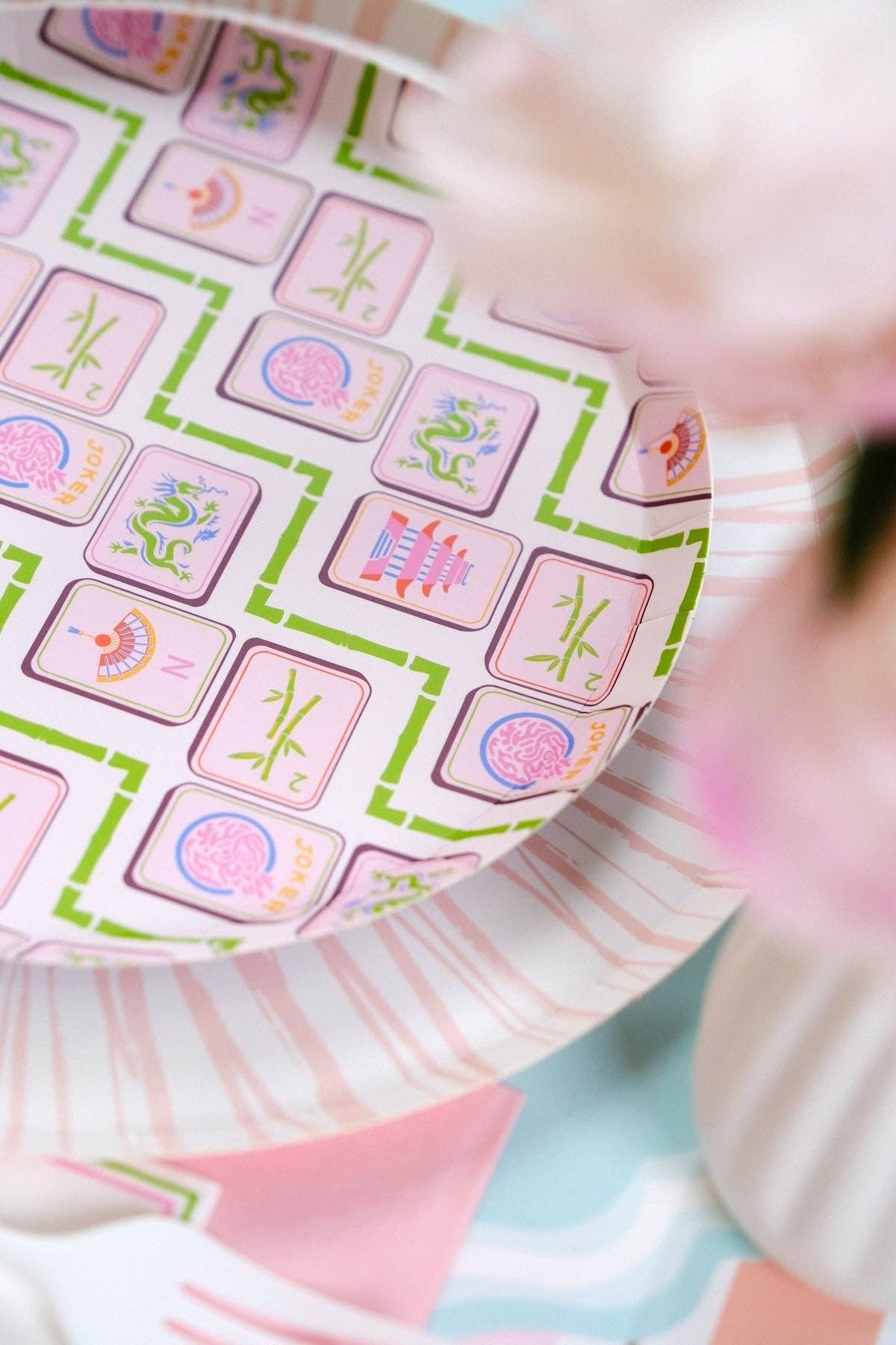 A single 8.5-inch Mahjong Dessert Plate showing the green Bamboo-inspired lattice and tiles.