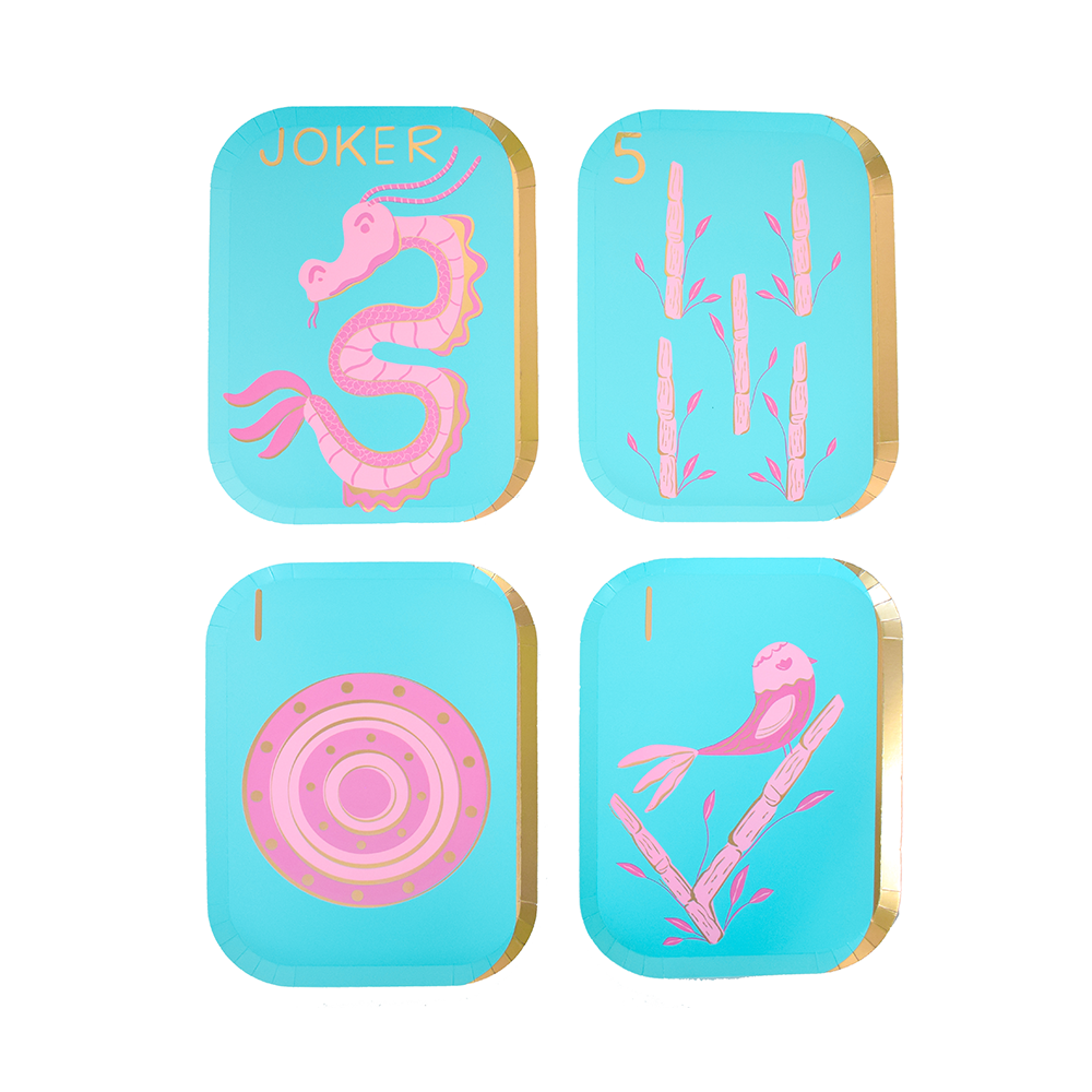 Mahjong tile dinner plates with illustrated designs and gold foil accents
