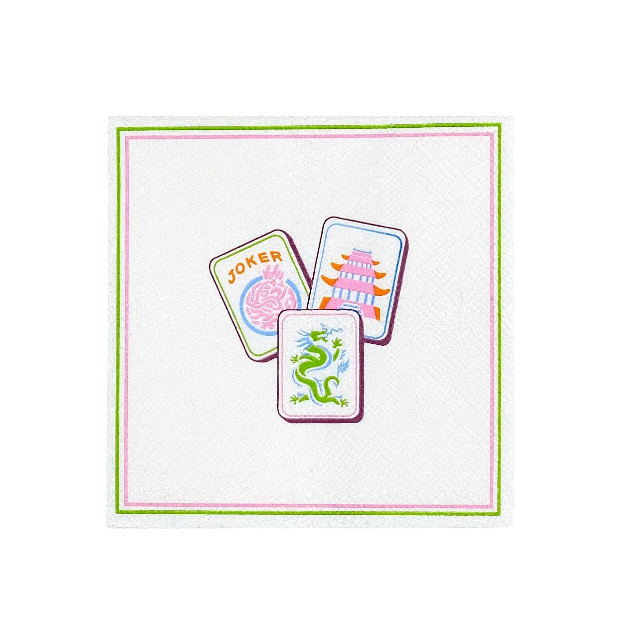 Isolated white product shot of the Mahjong Cocktail Napkins featuring the Joker, Dragon, and Pagoda tiles.