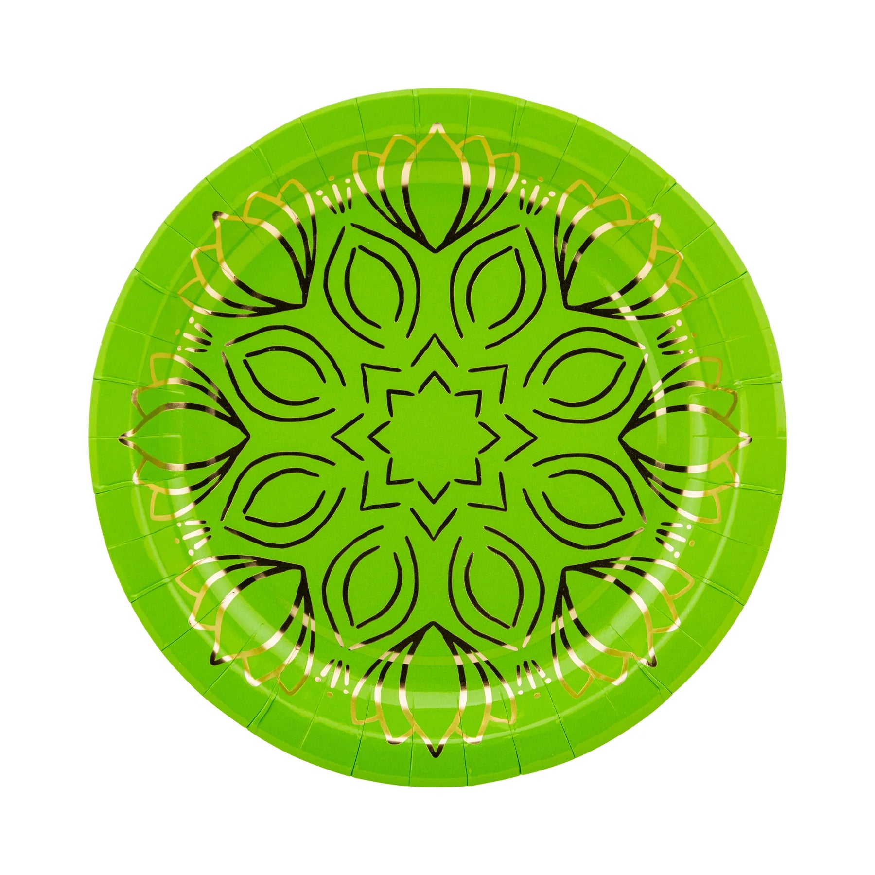 Lime green mandala plate with black outline and gold-foil lotus accents.