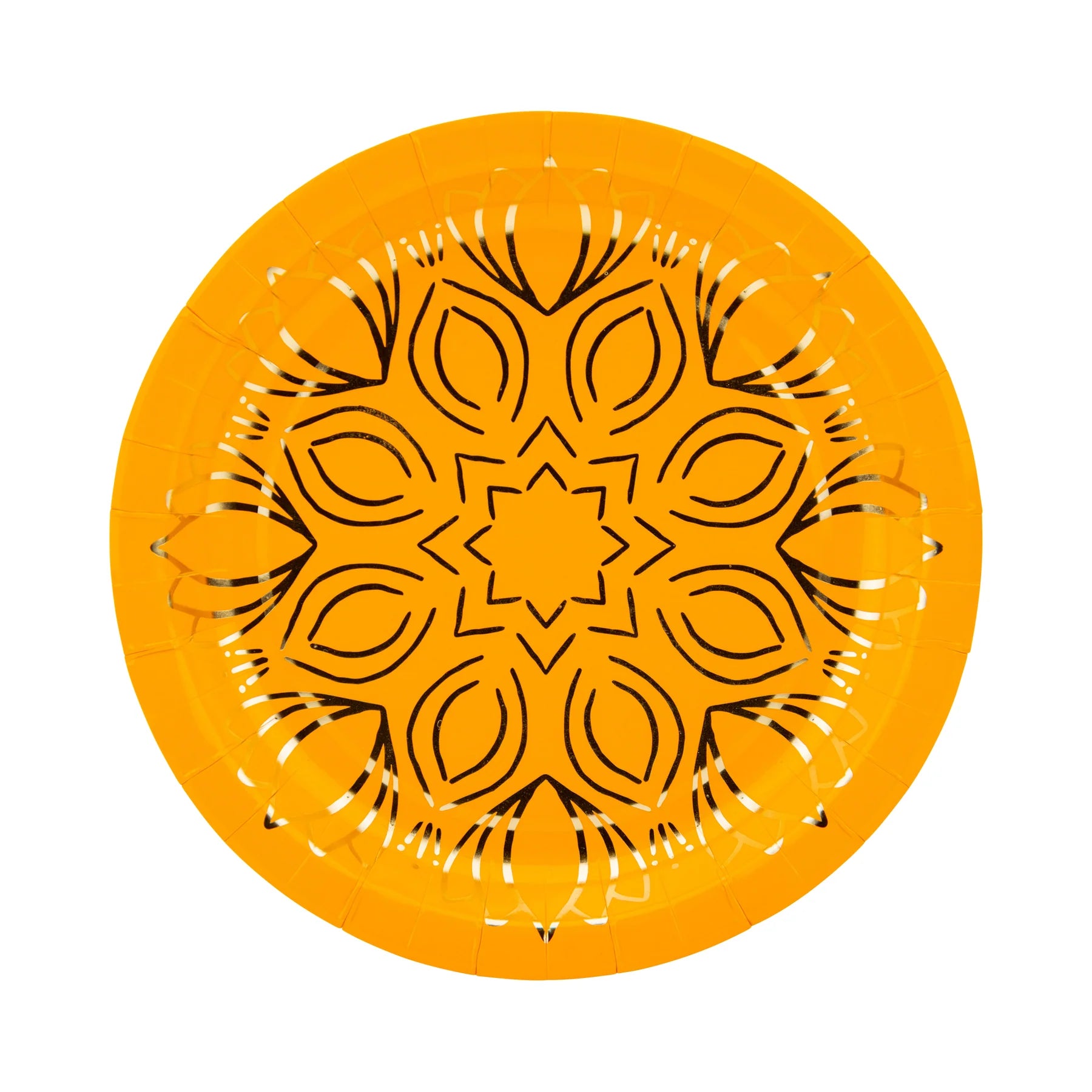 Marigold mandala plate with bold artwork and gold details—sturdy party supplies.