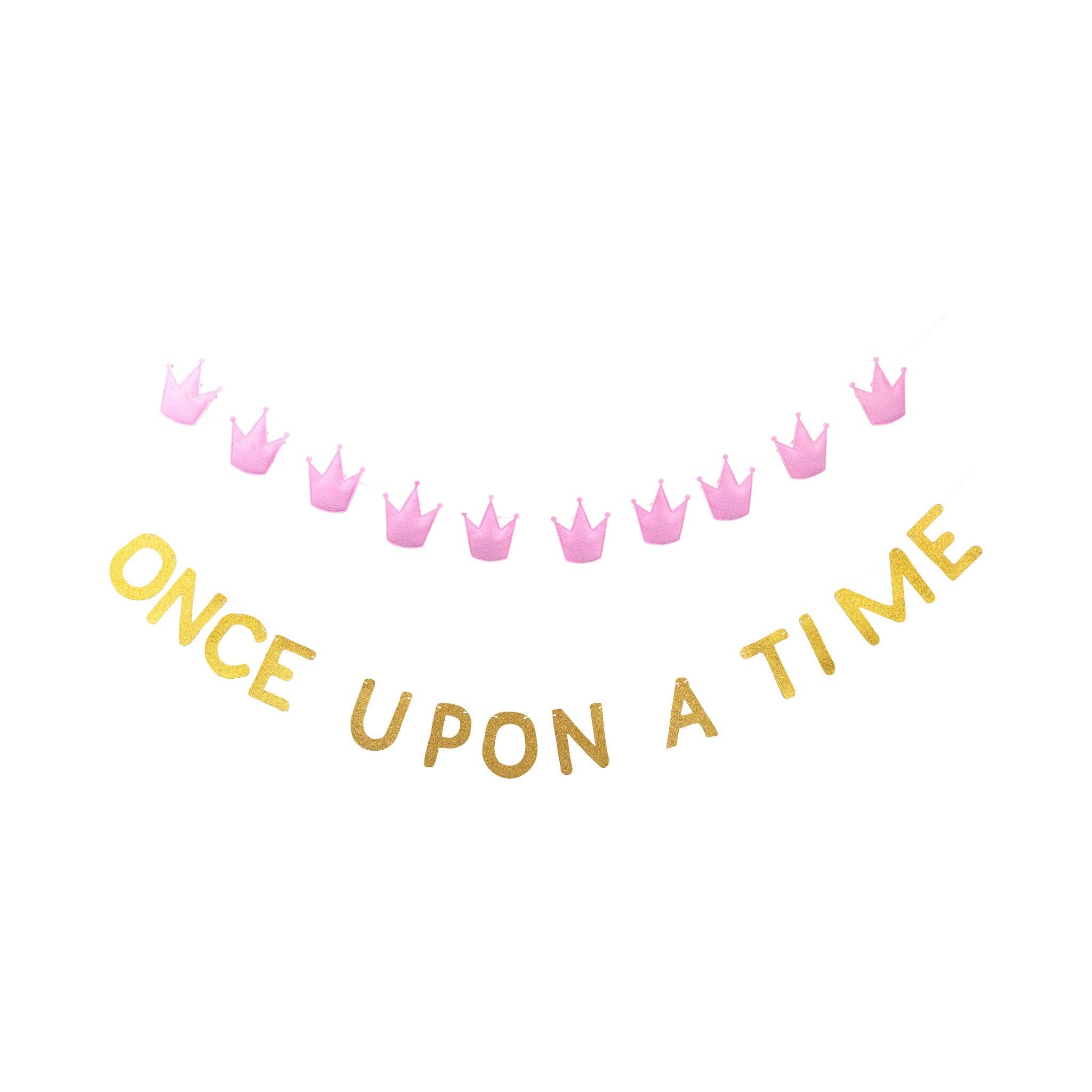An isolated view of the Once Upon a Time Banner and Felt Princess Garland showing the Non-Curling Party Banner design.