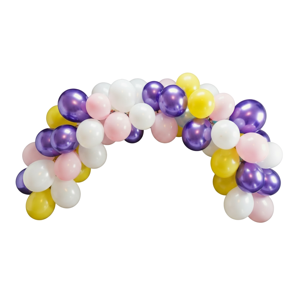 Curved balloon arch with pink, yellow, pearl white, and metallic purple balloons