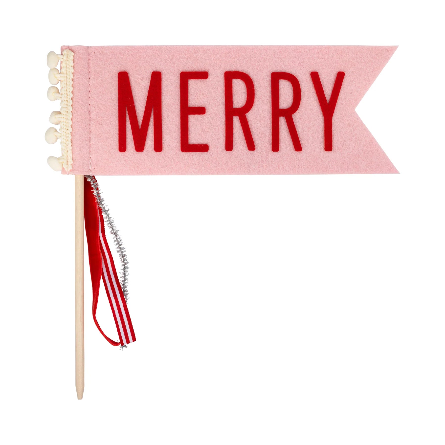“Pink ‘Merry’ felt pennant with pom trim and ribbon tails on wood dowel.