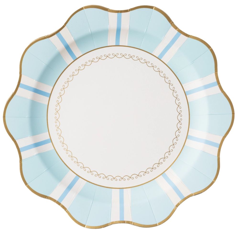 mint and blue regency stripe dinner plate with scalloped gold rim and bow details.