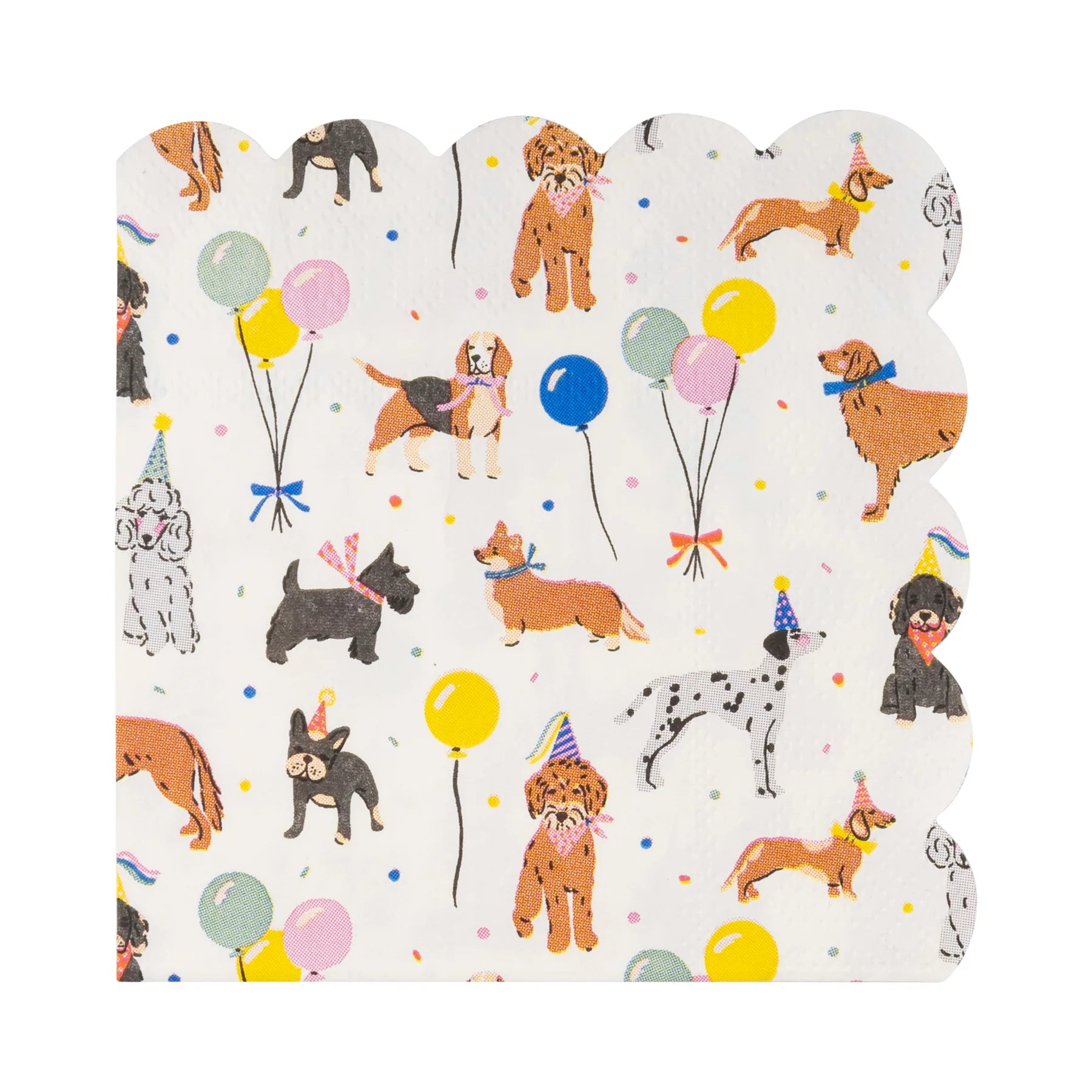 Single scalloped cocktail napkin with illustrated dogs, balloons, and confetti.
