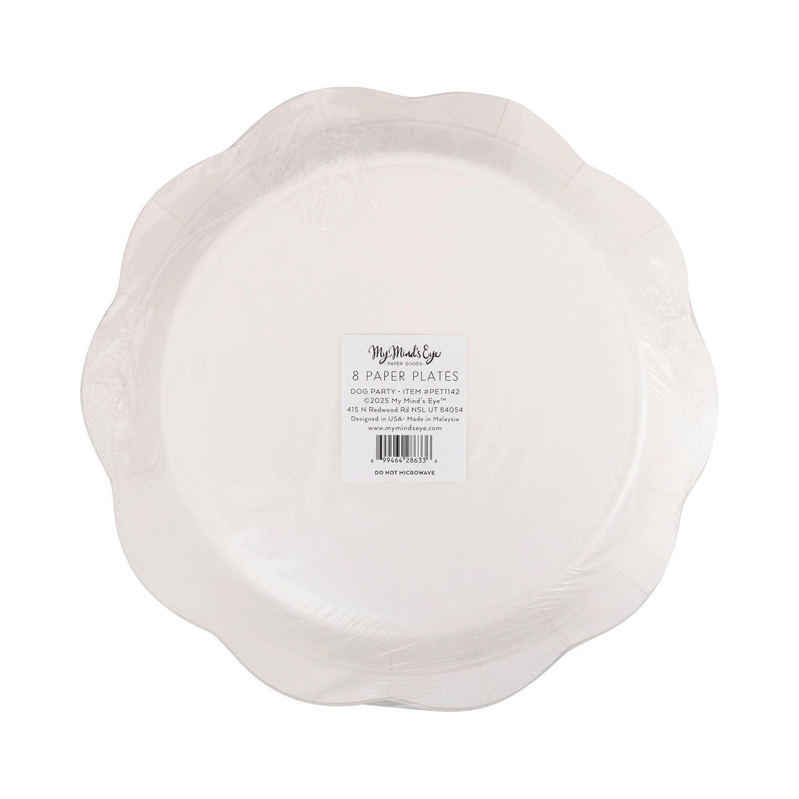 Back of package showing 8 paper plates in a clear wrap with scalloped edge.