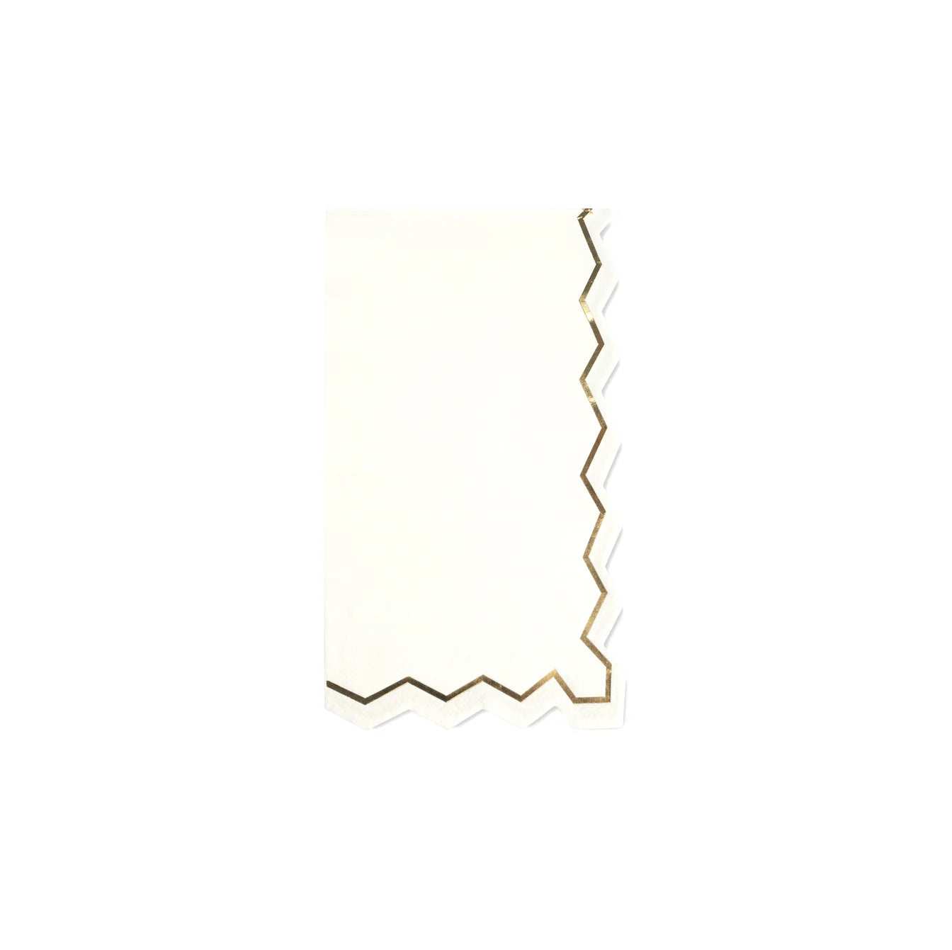 Isolated folded white guest towel with a gold zigzag border on right side.