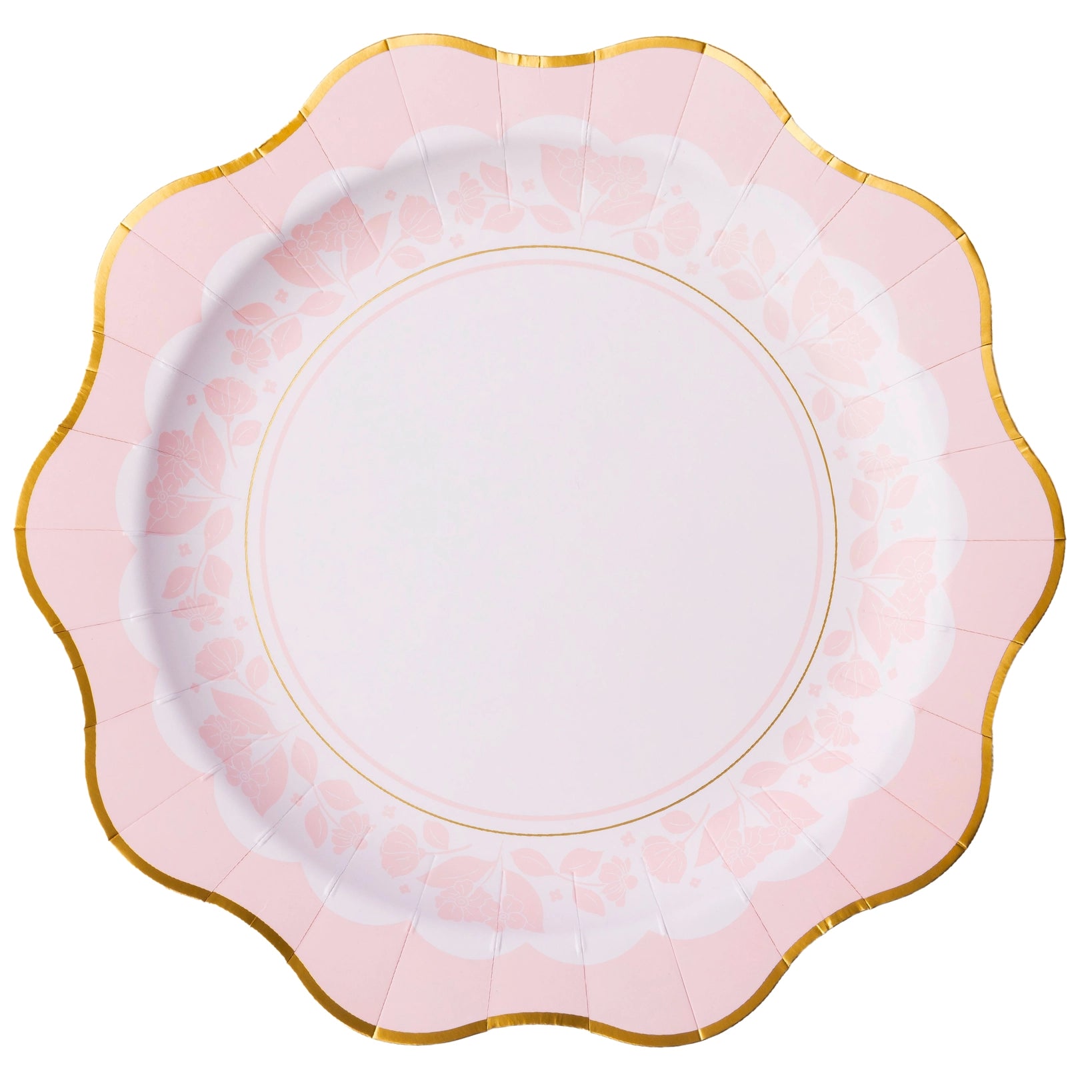 Pink paper plate with gold rim on a white background