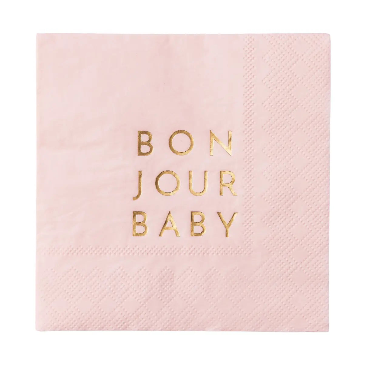 Close‑up angle of a folded Bonjour Baby napkin showing soft 3‑ply texture and metallic gold text.