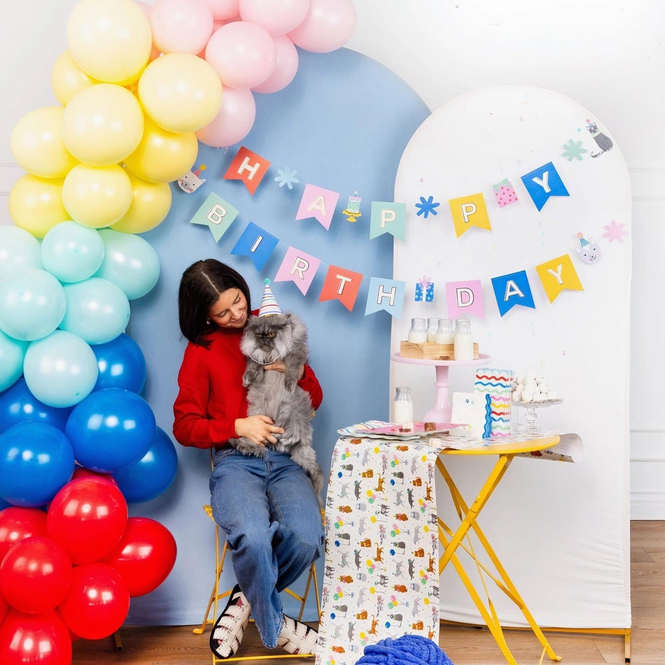 Woman seated with gray cat wearing party hat, Cat Happy Birthday Banner in background