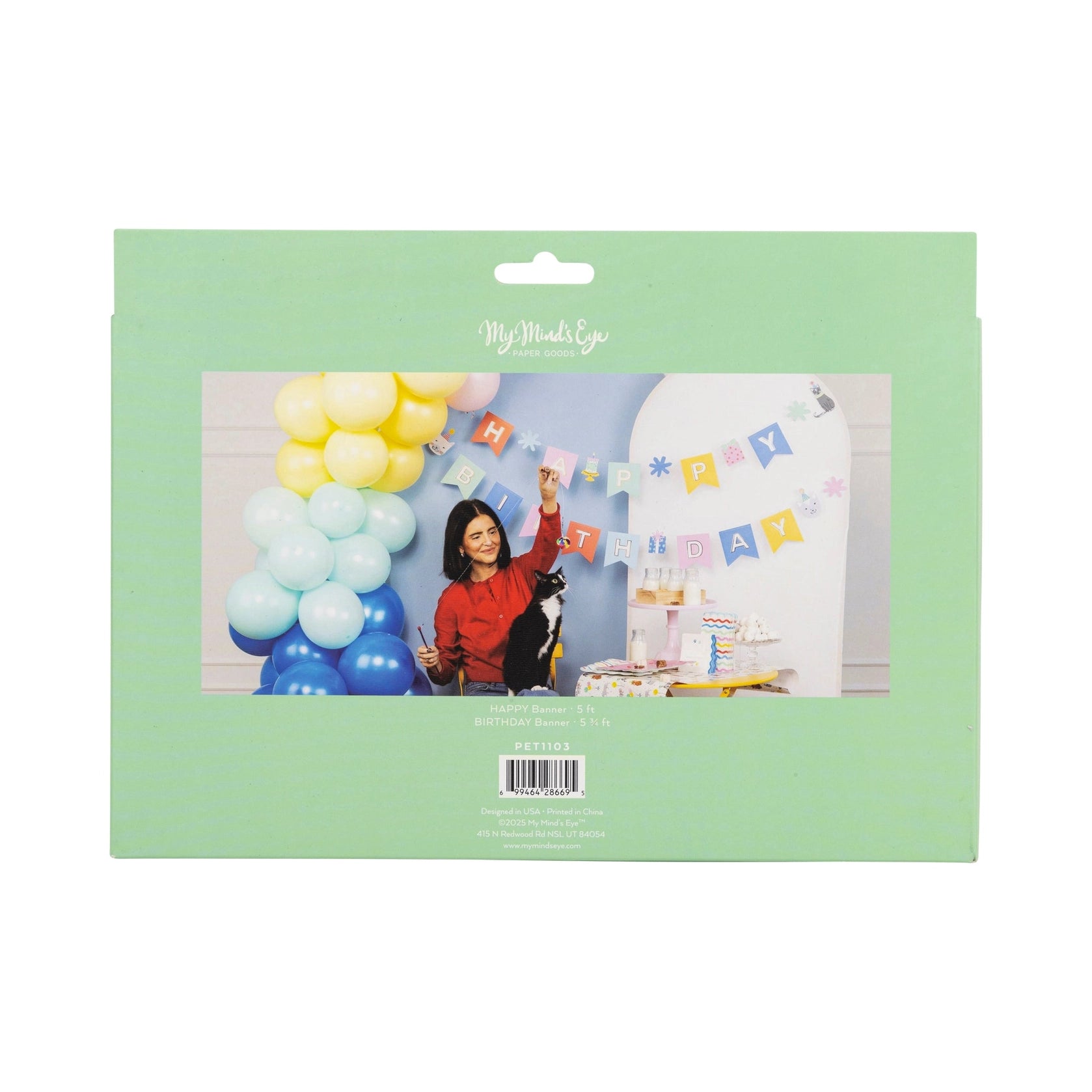 Back of Cat Happy Birthday Banner package showing product photo and measurements