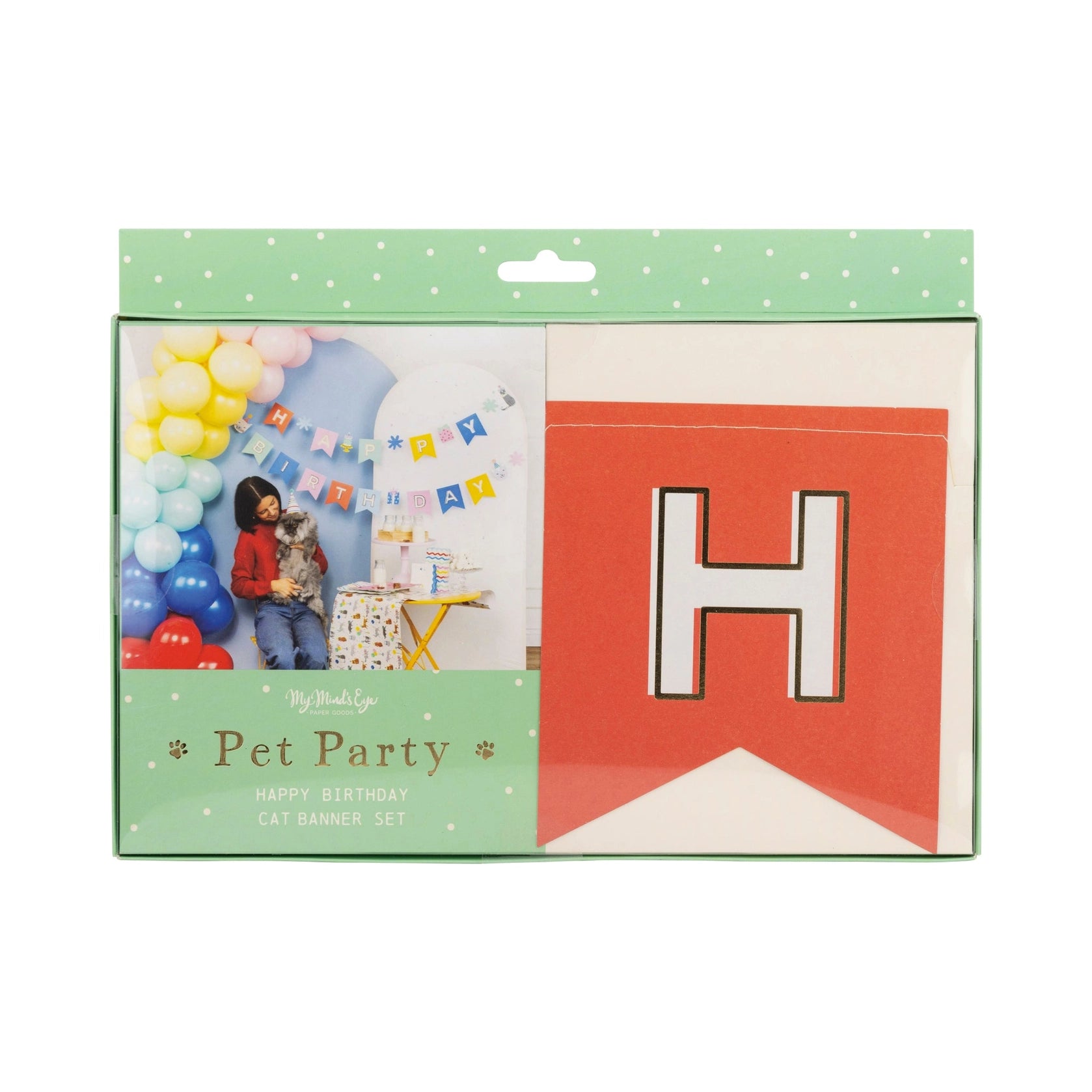 Front of boxed Cat Happy Birthday Banner set displaying red letter flag “H”