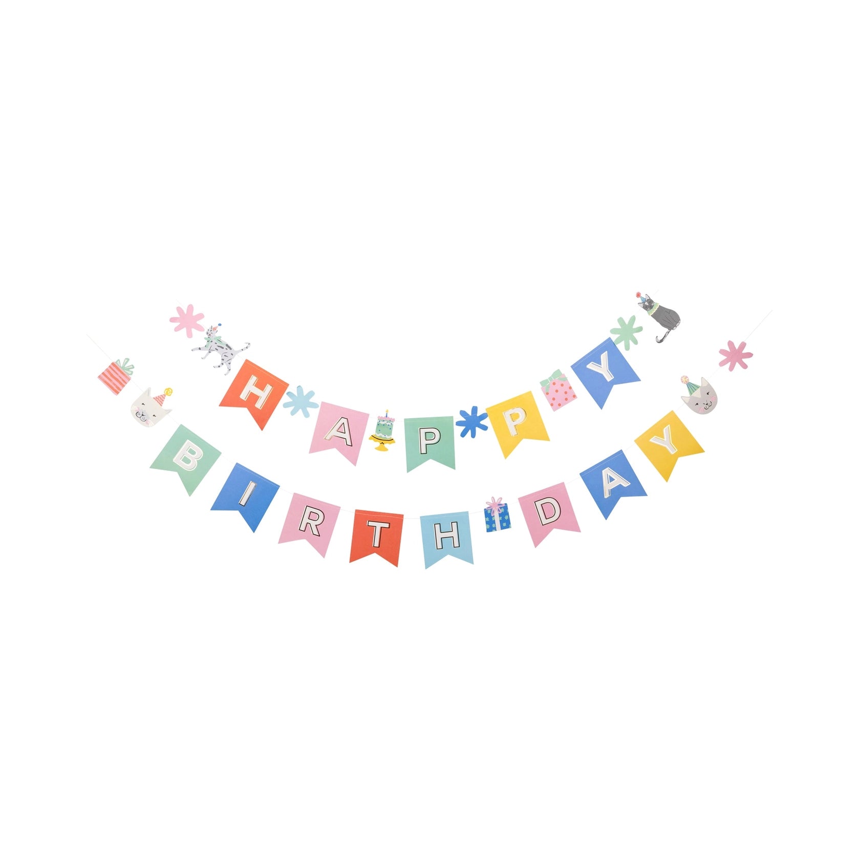 Isolated view of full two-strand Cat Happy Birthday Banner on white background