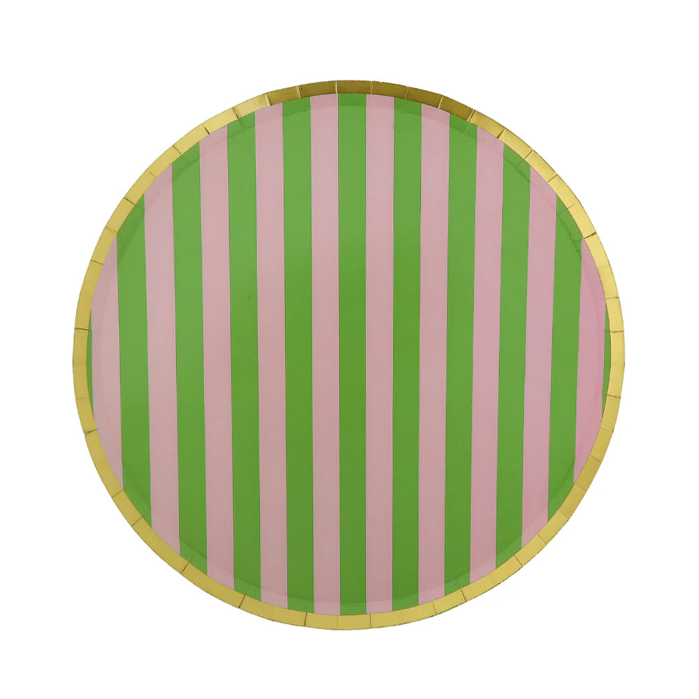 Isolated view of round dinner plate with alternating pink and green stripes and gold rim