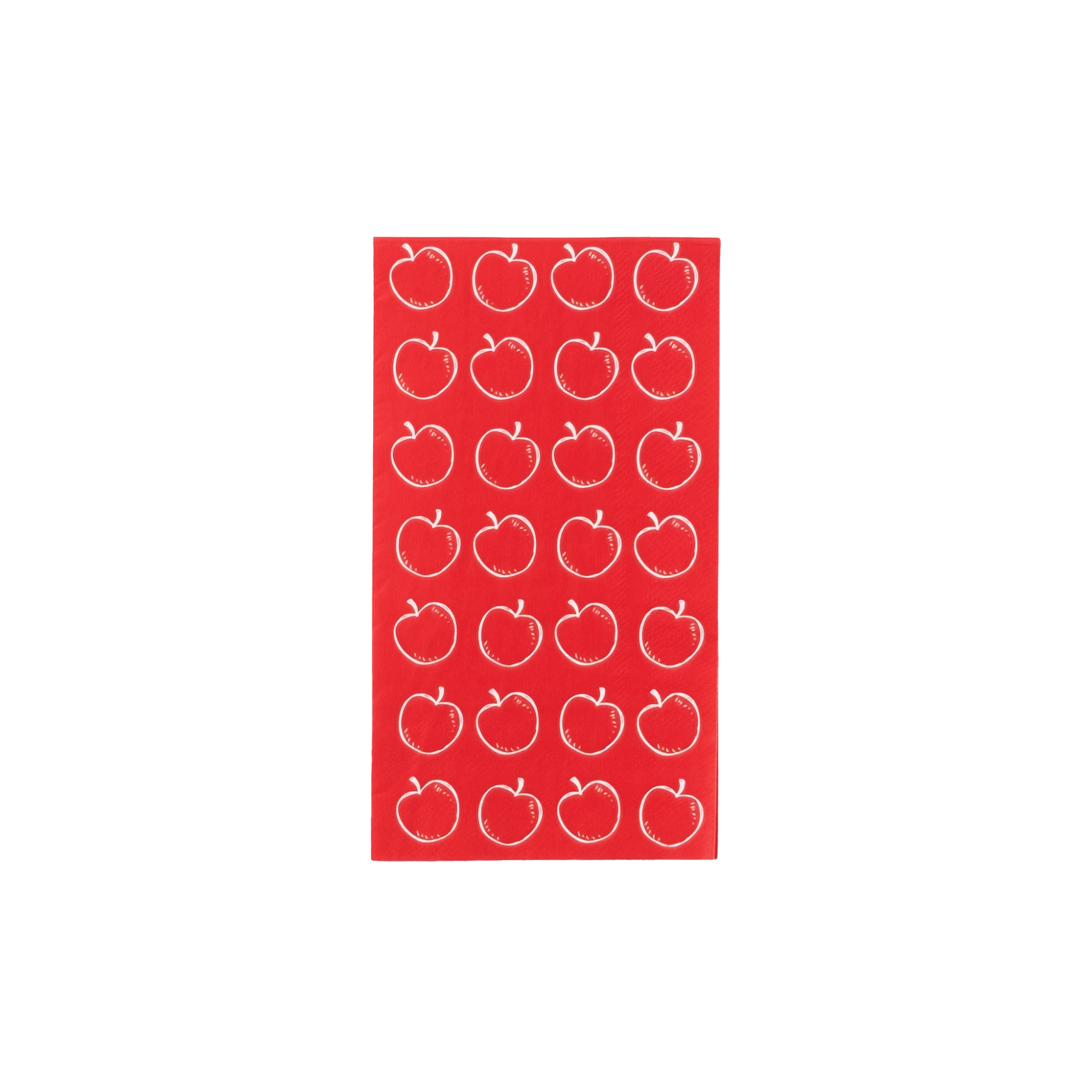 Red guest towel printed with rows of white hand-drawn apples, 5 × 8 in folded.