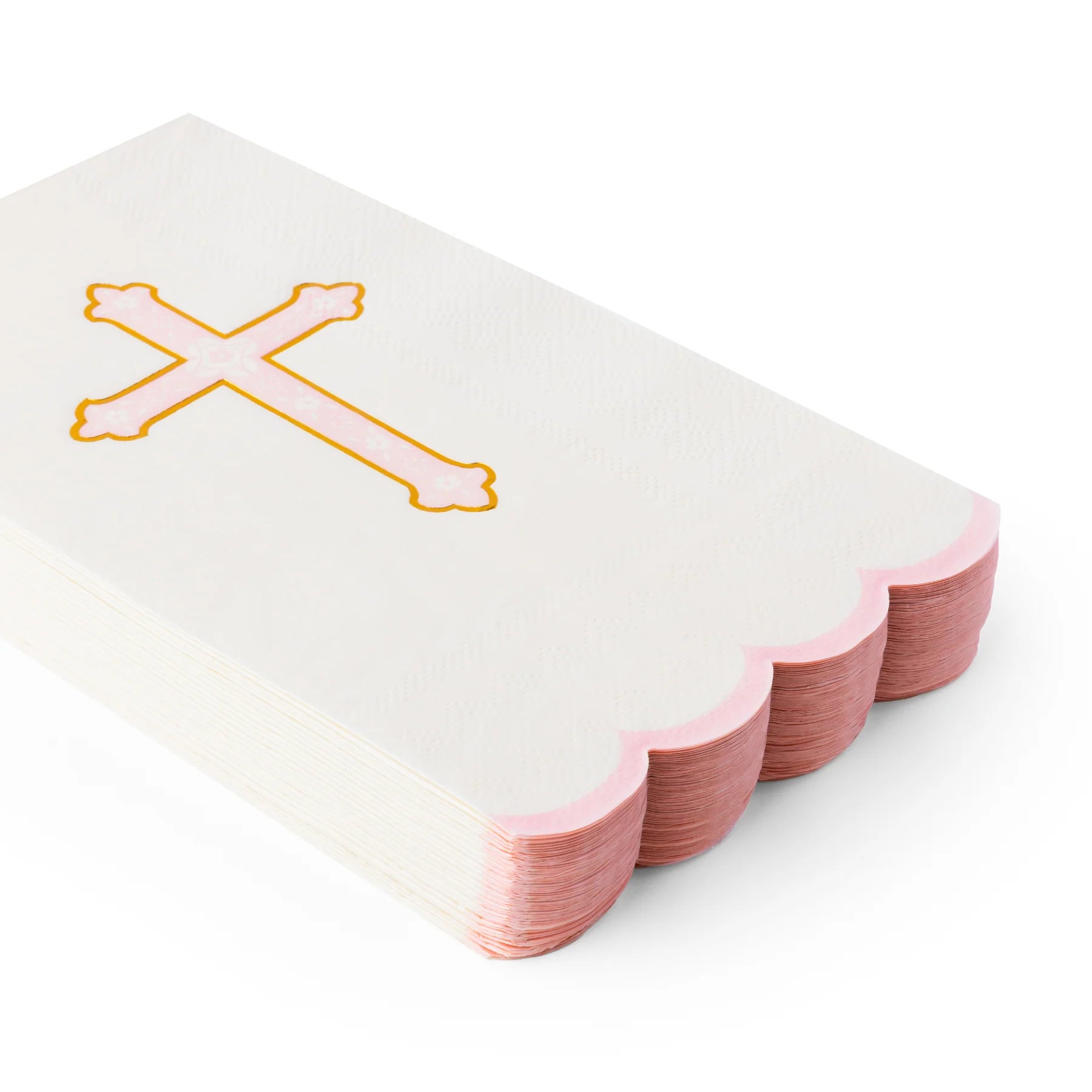 Stack of petal pink cross guest towels with scalloped edge for baptism napkins