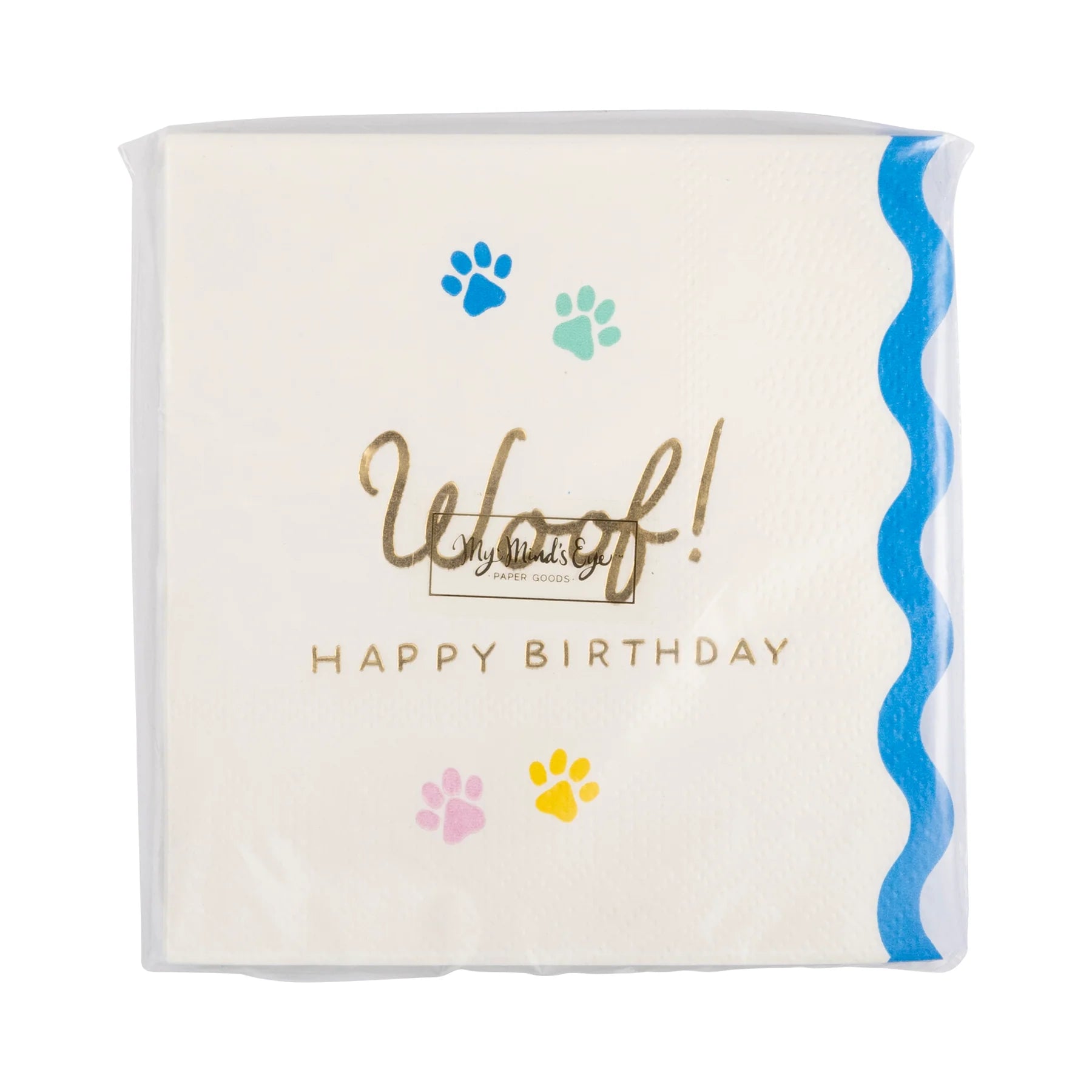 Front of retail pack with gold foil Woof Happy Birthday and multicolor paw prints.