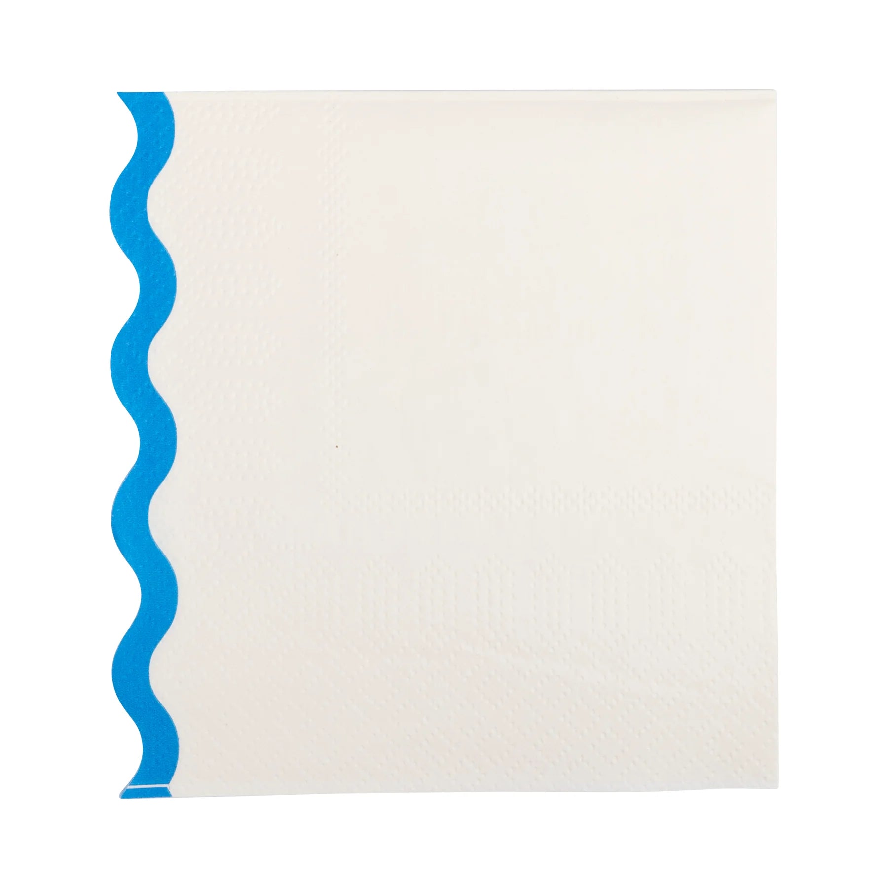 Single white cocktail napkin folded with bold blue scallop border.