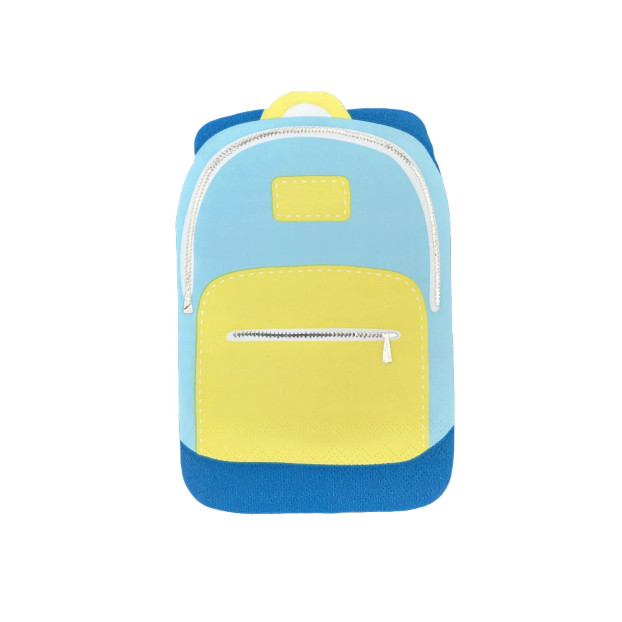 Blue-and-yellow backpack–shaped paper napkin from Smarty Pants back to school decorations kit	