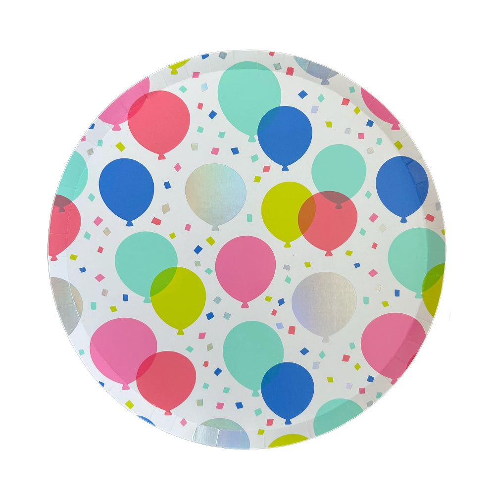 Single 10-inch round plate featuring multicolor balloons and confetti on white background, subtle iridescent sheen visible	