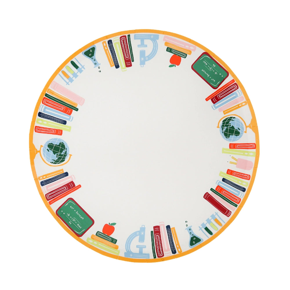 Overhead view of 10-inch round plate featuring illustrated bookshelf border with books, microscopes, globes, and chalkboards