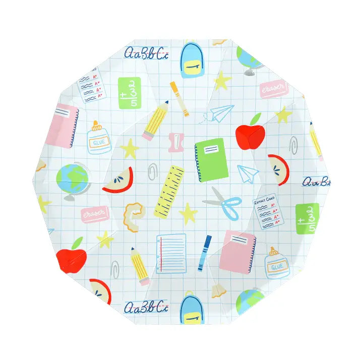 Octagon large plate with grid paper background and colorful school supplies icons