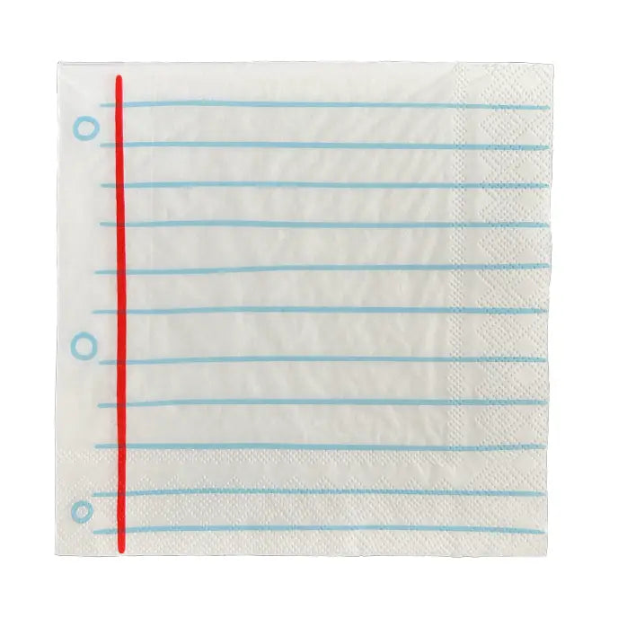 Square notebook-paper napkin with blue ruled lines and red margin
