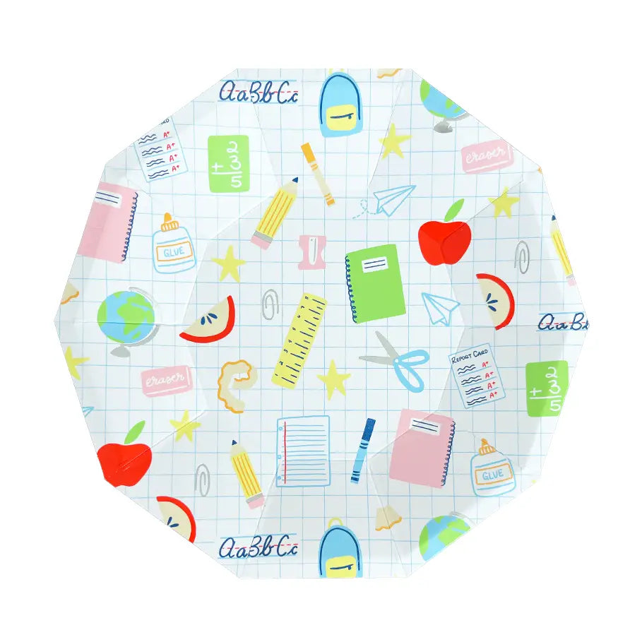 Octagon small plate matching large version with notebooks, apples, and rulers