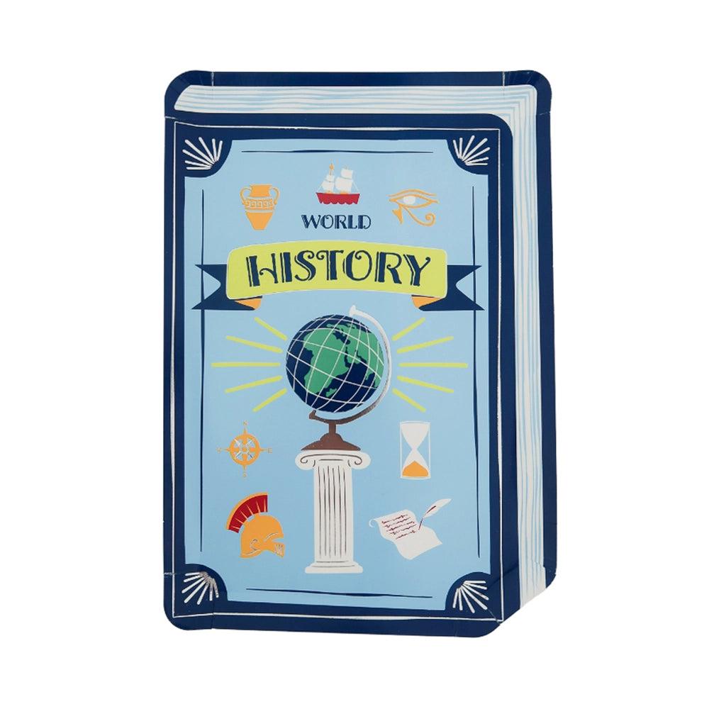 Blue World History textbook plate showing globe, Spartan helmet, and icons—perfect accent for sophisticated back to school party