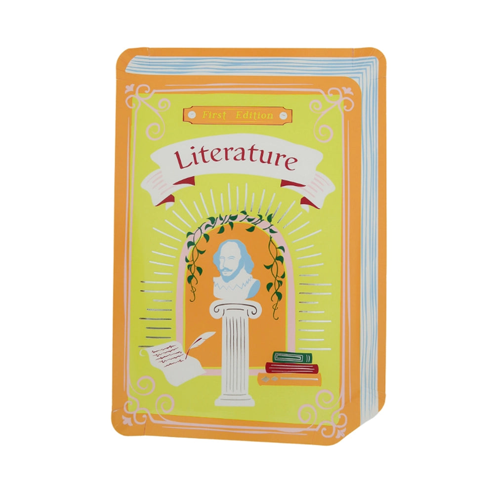Yellow Literature textbook plate with Shakespeare bust, quill, and classic books—adds academic style to back to school tablescape