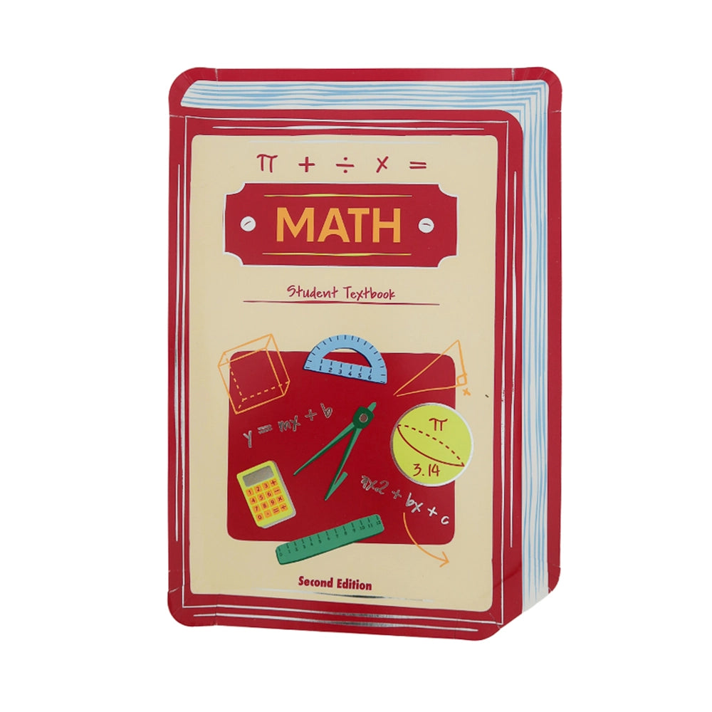 Red Math textbook die-cut plate featuring calculator, compass, and formula graphics—sized for first day of school activities middle school