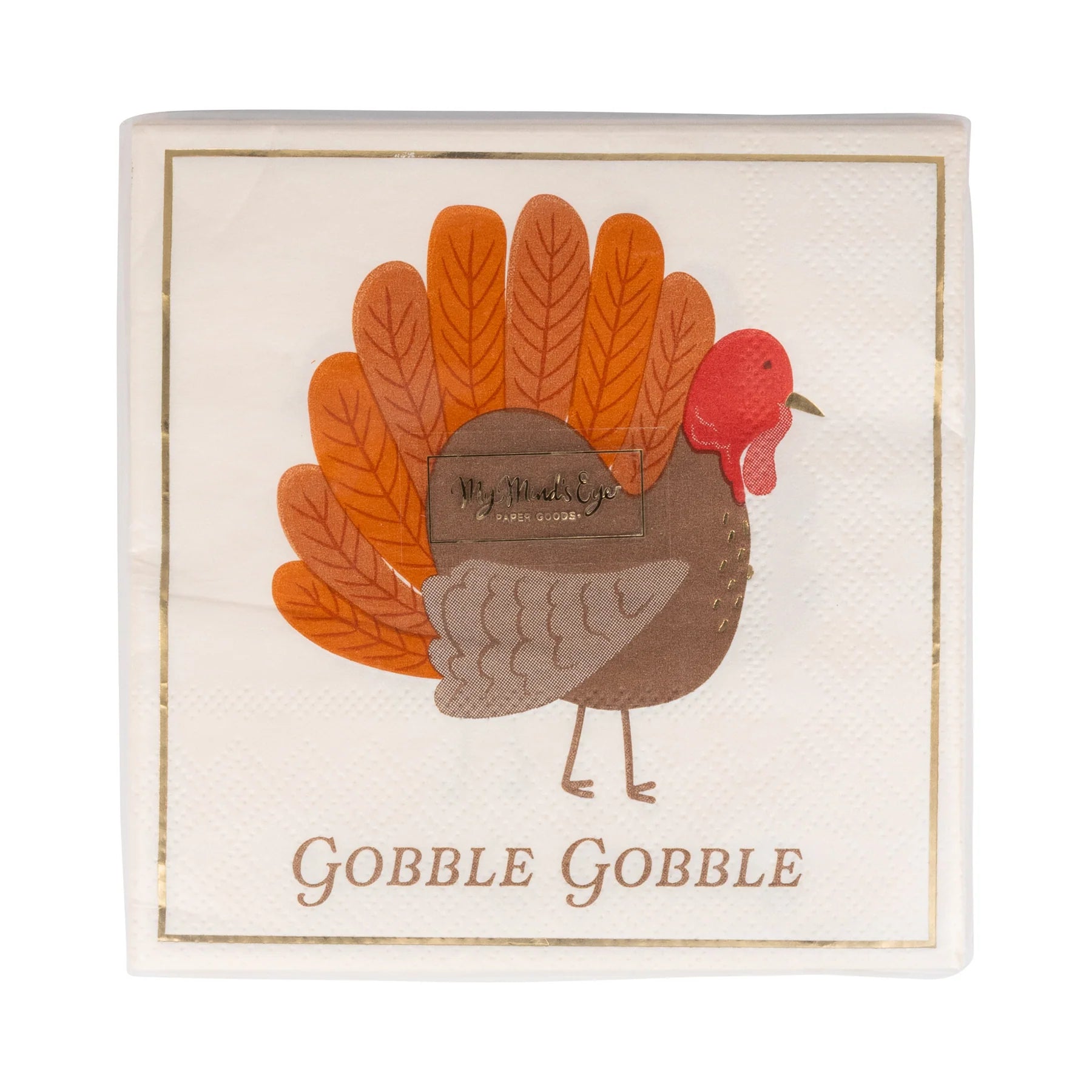 Front view of turkey napkins pack showing fall colors and gold border
