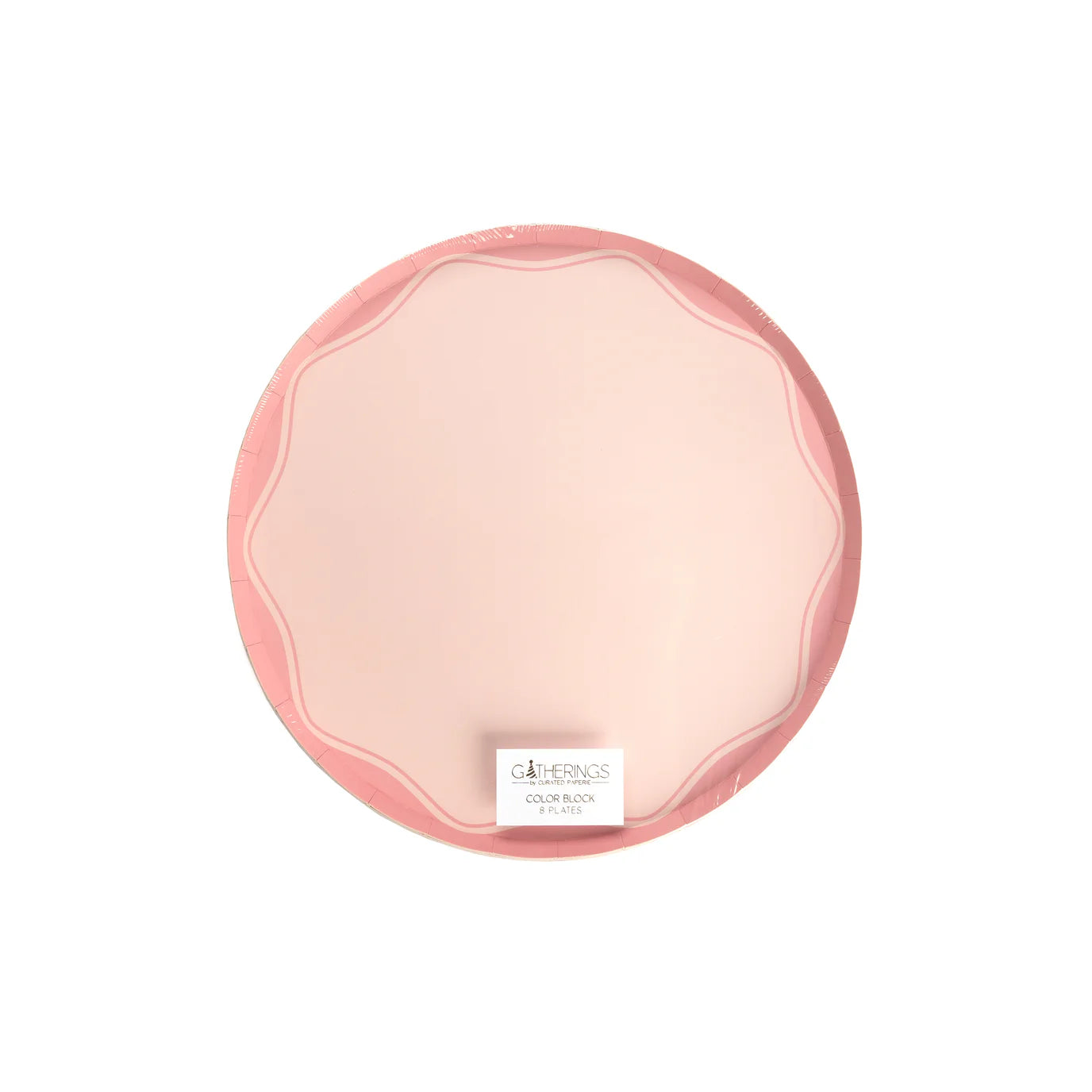 Packaged set of pink color block dinner plates, front label