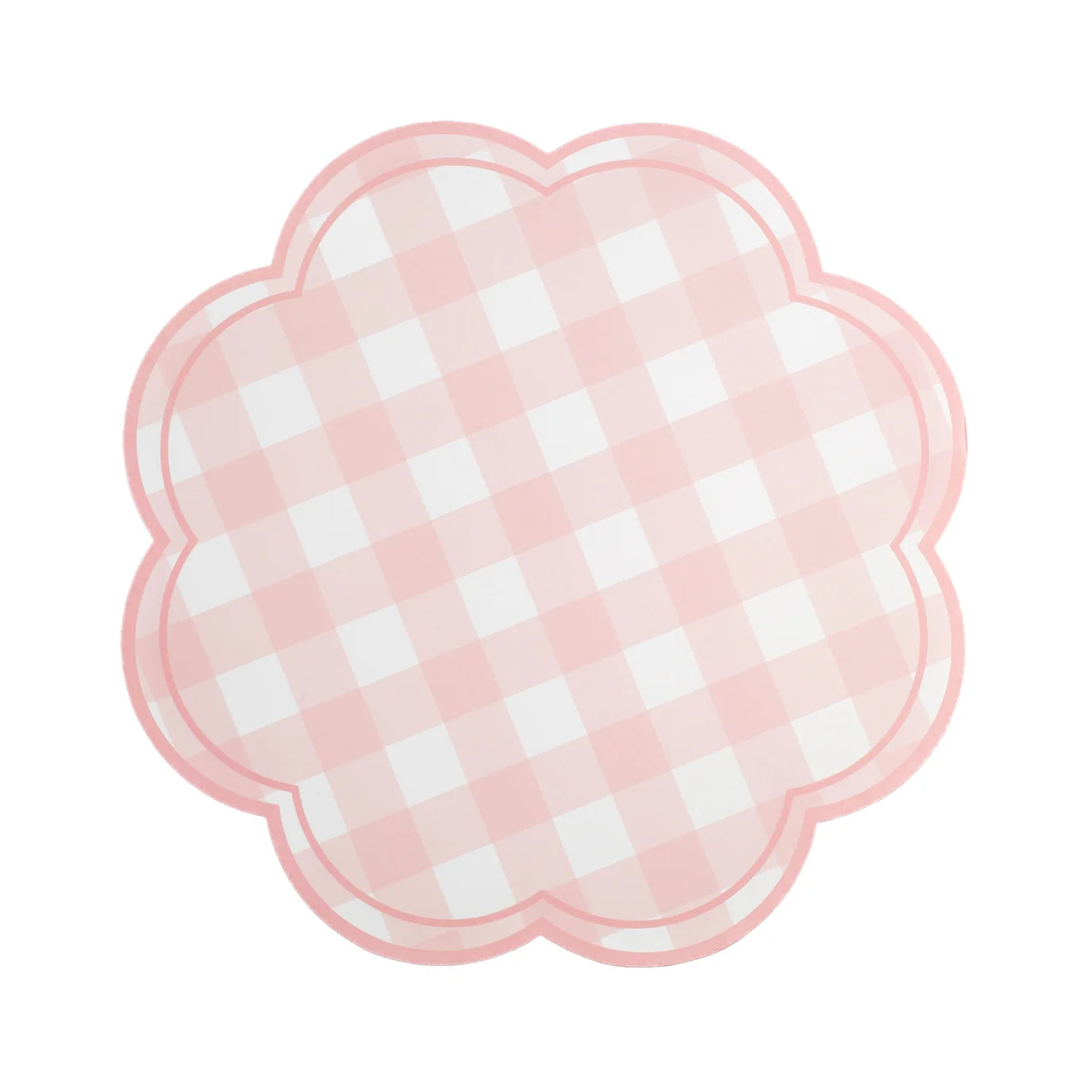 Pink gingham scalloped paper placemat top view, blush pink placemats