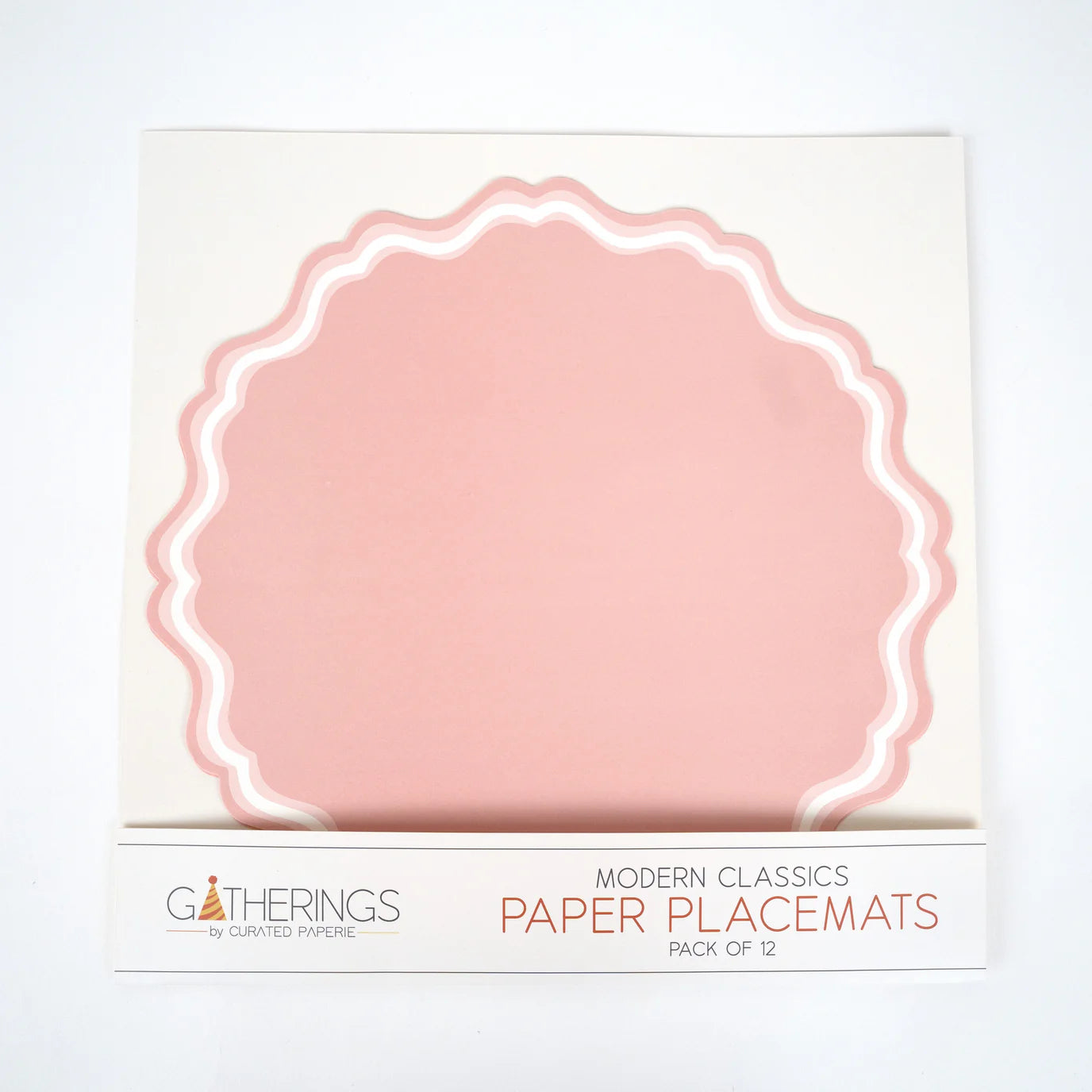 Pack of 12 blush scallop paper placemats, Pink Fancy label shown
